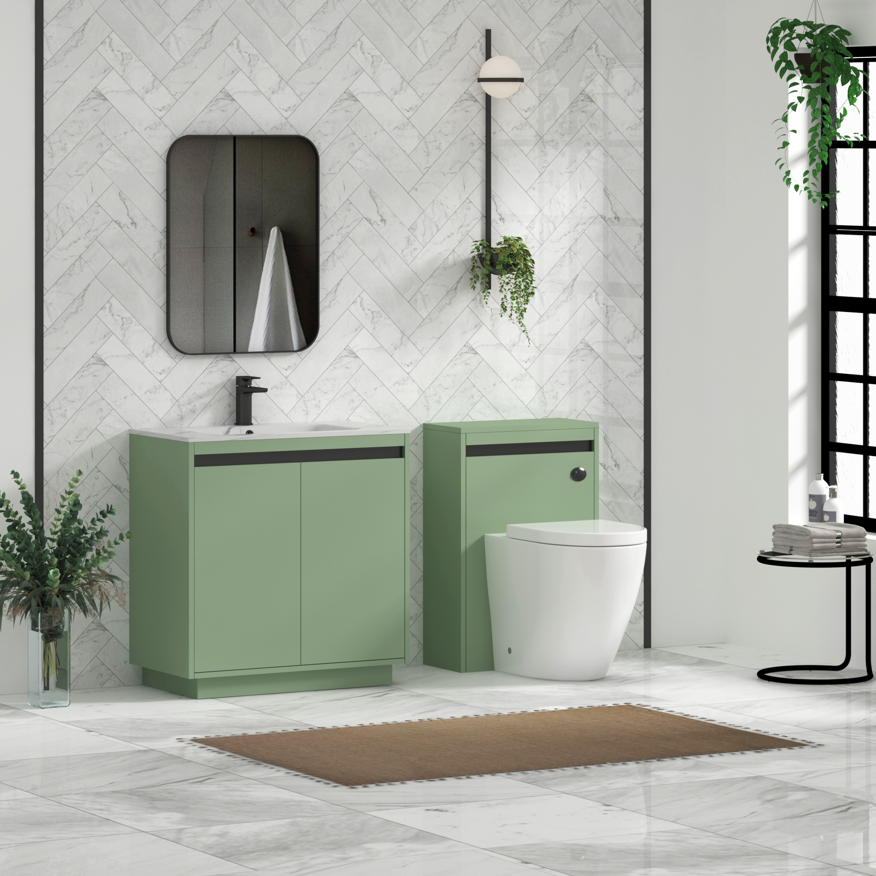 Orion Floor Standing Vanity Unit 2 Door Mint Sage with Carrara White Basin