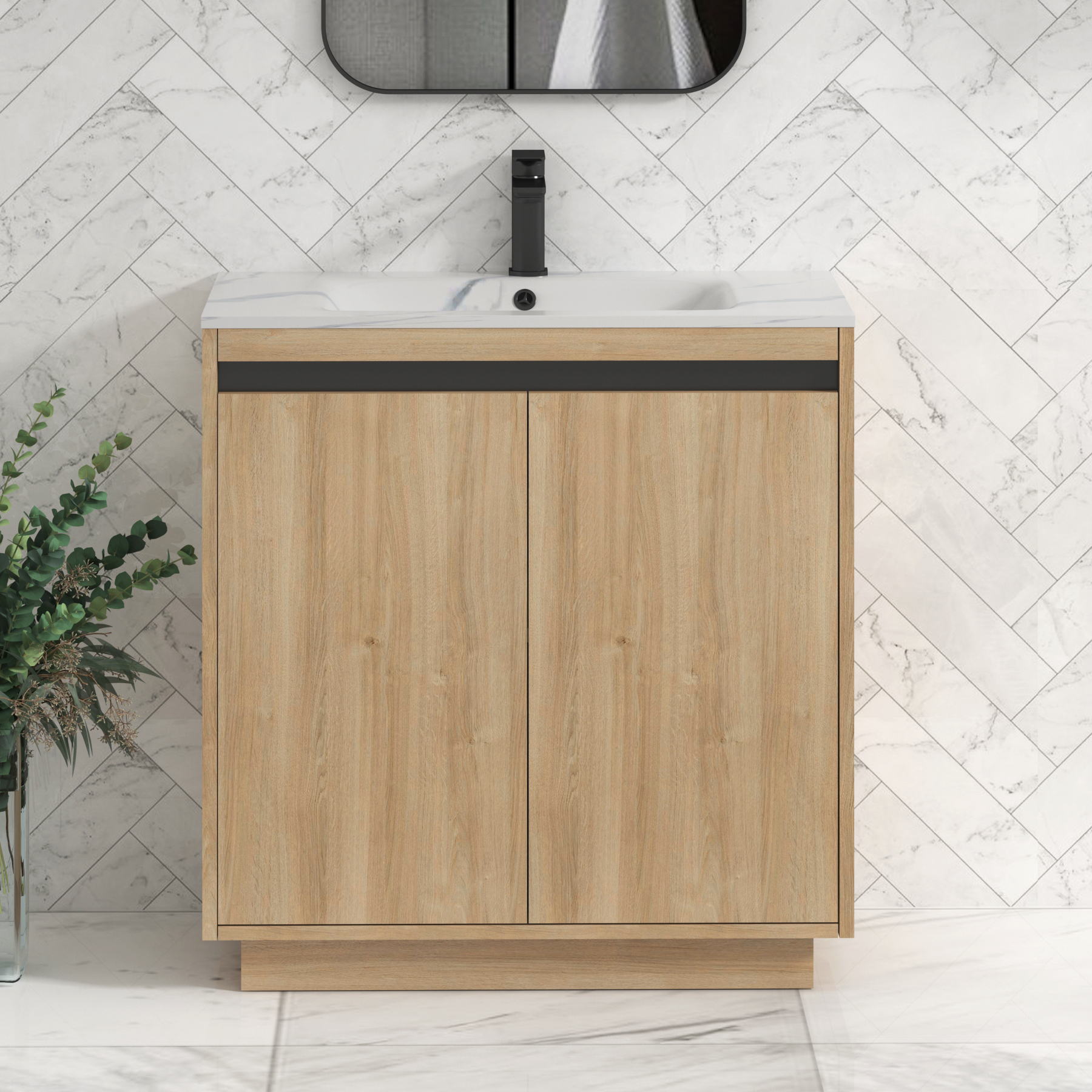 Orion Floor Standing Vanity Unit 2 Door Natural Oak with Carrara White Basin