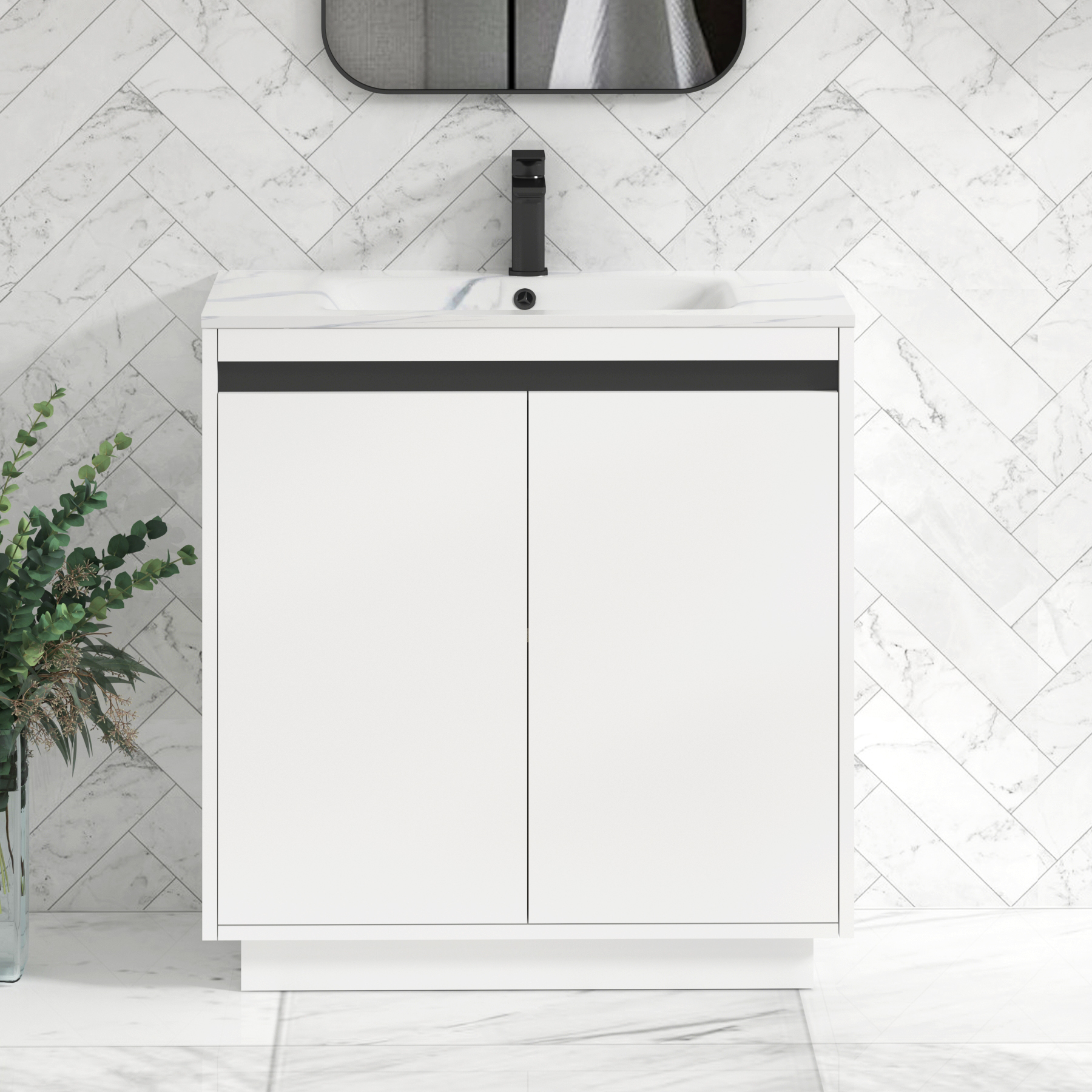 Orion Floor Standing Vanity Unit 2 Door Matt White with Carrara White Basin