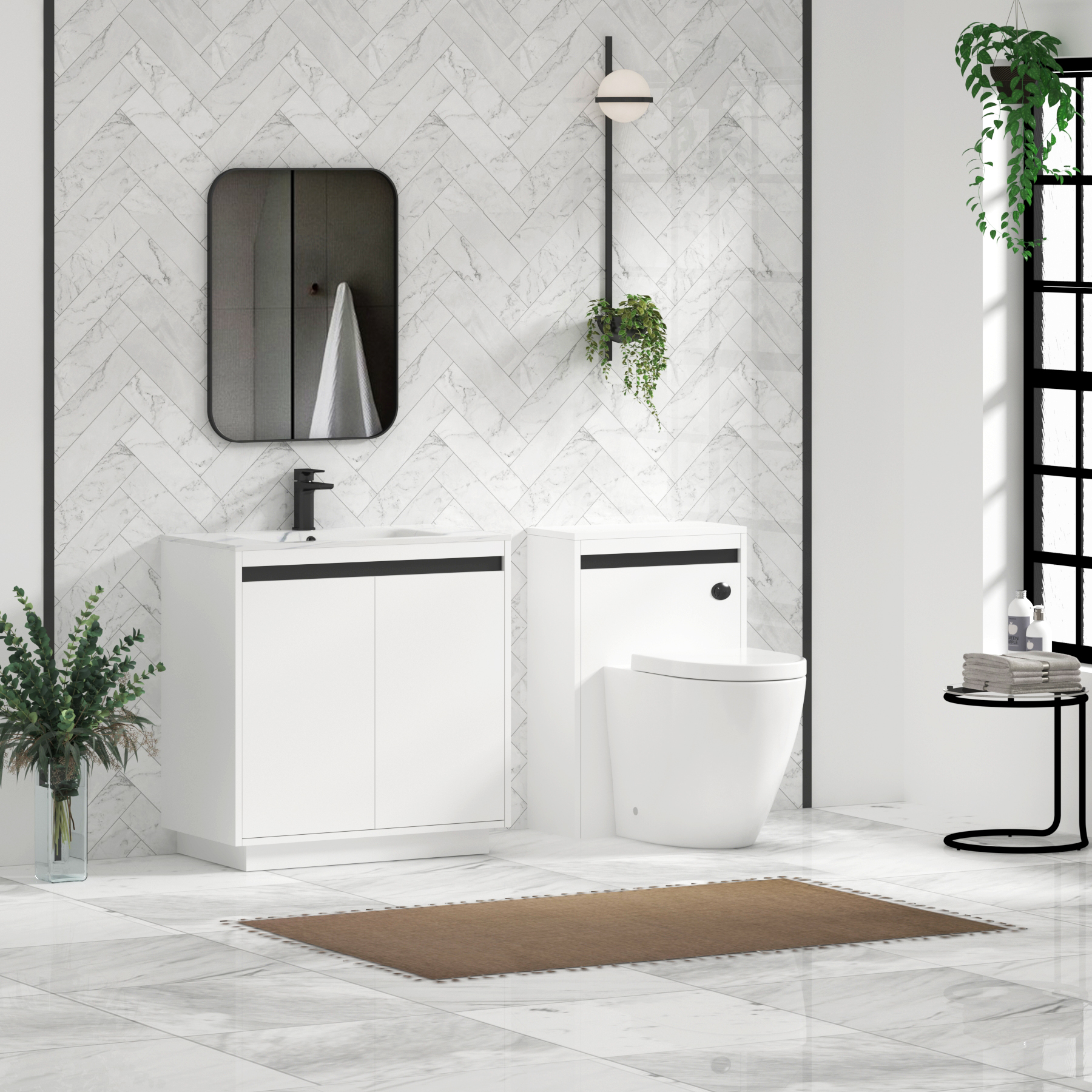 Orion Floor Standing Vanity Unit 2 Door Matt White with Carrara White Basin