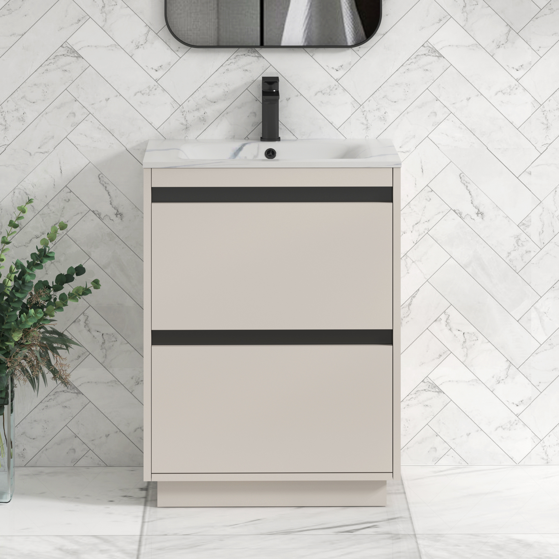 Orion Floor Standing Vanity Unit 2 Drawer Warm Taupe with Carrara White Basin
