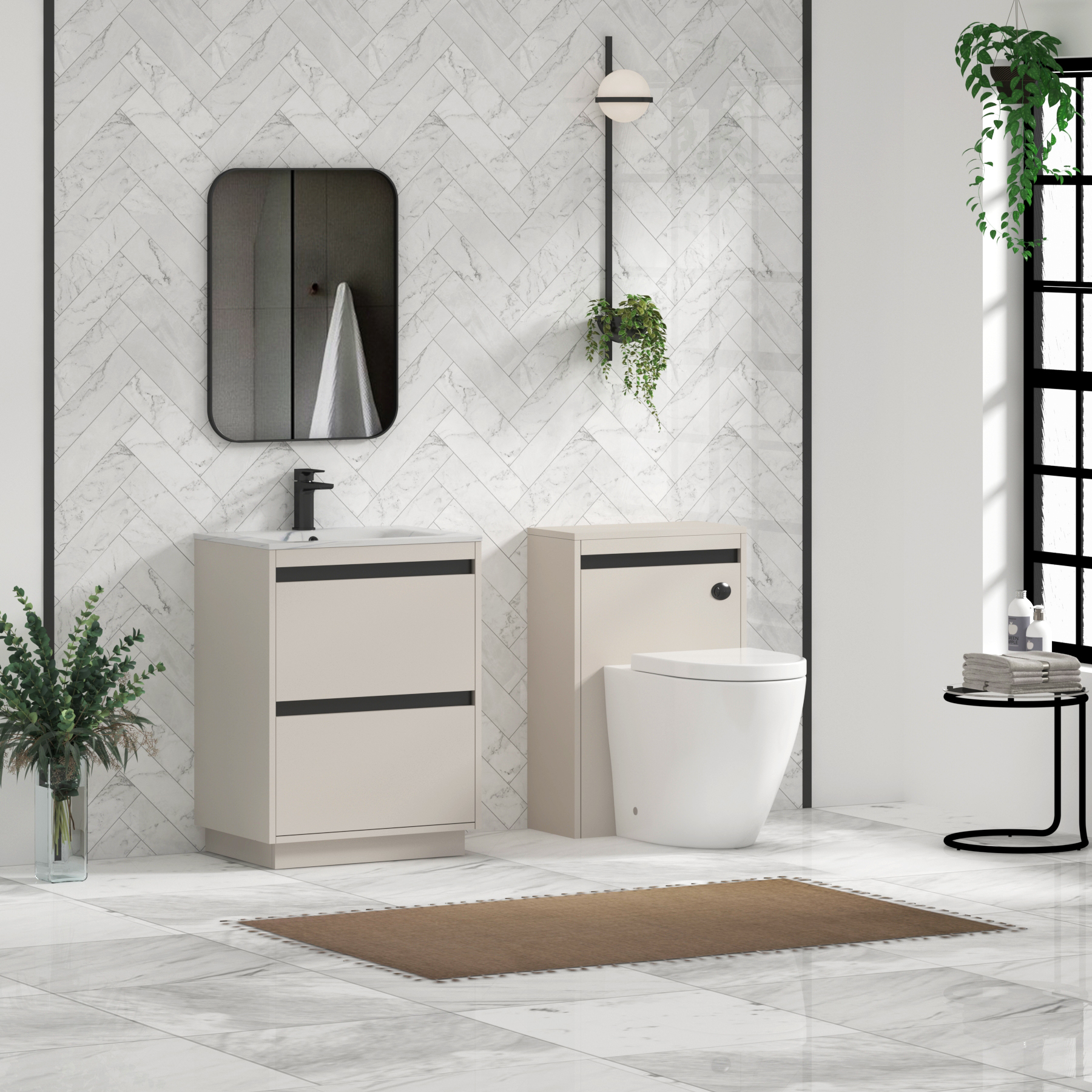 Orion Floor Standing Vanity Unit 2 Drawer Warm Taupe with Carrara White Basin