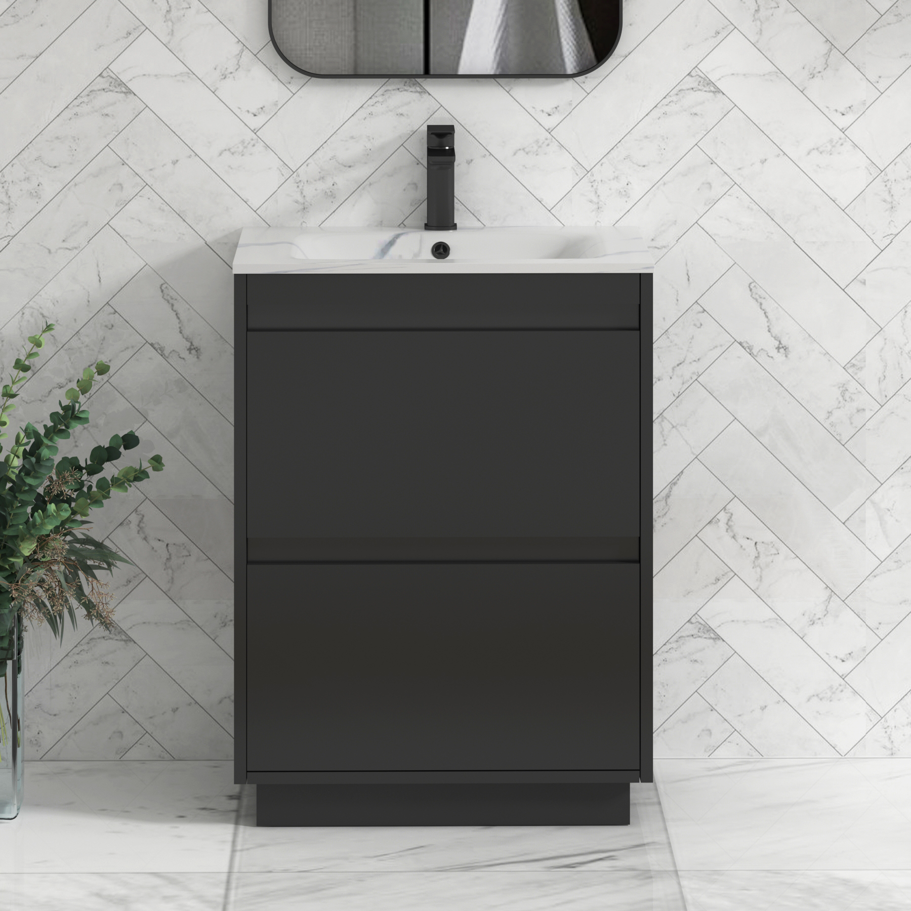 Orion Floor Standing Vanity Unit 2 Drawer Matt Obsidian Black with Carrara White Basin