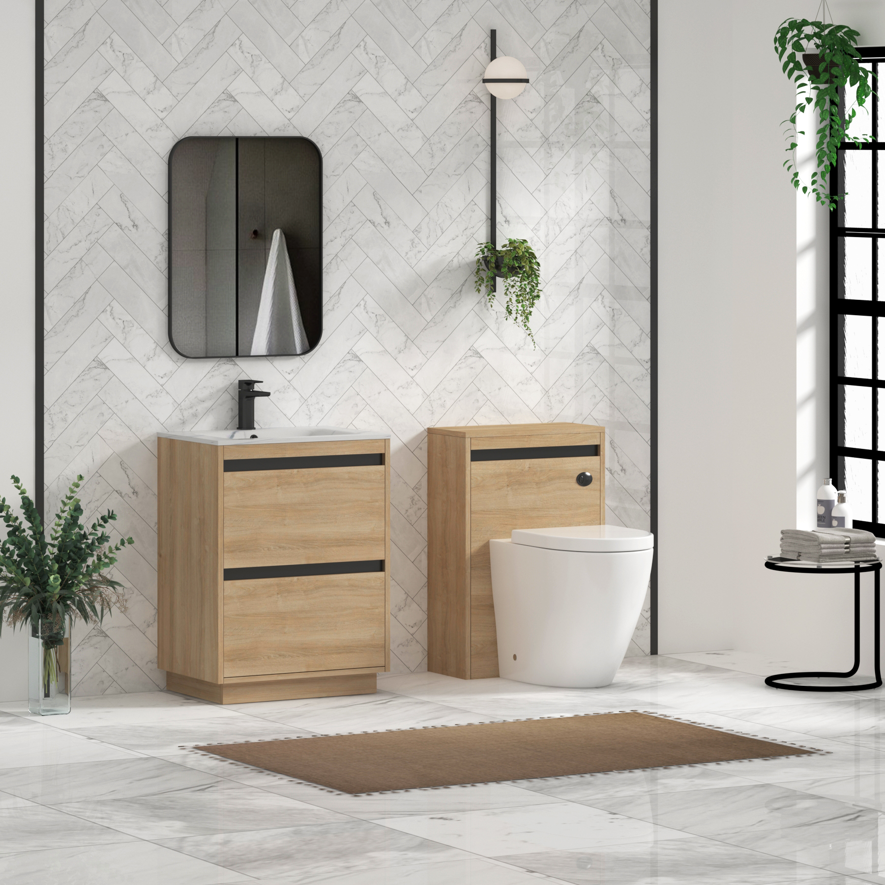 Orion Floor Standing Vanity Unit 2 Drawer Natural Oak with Carrara White Basin