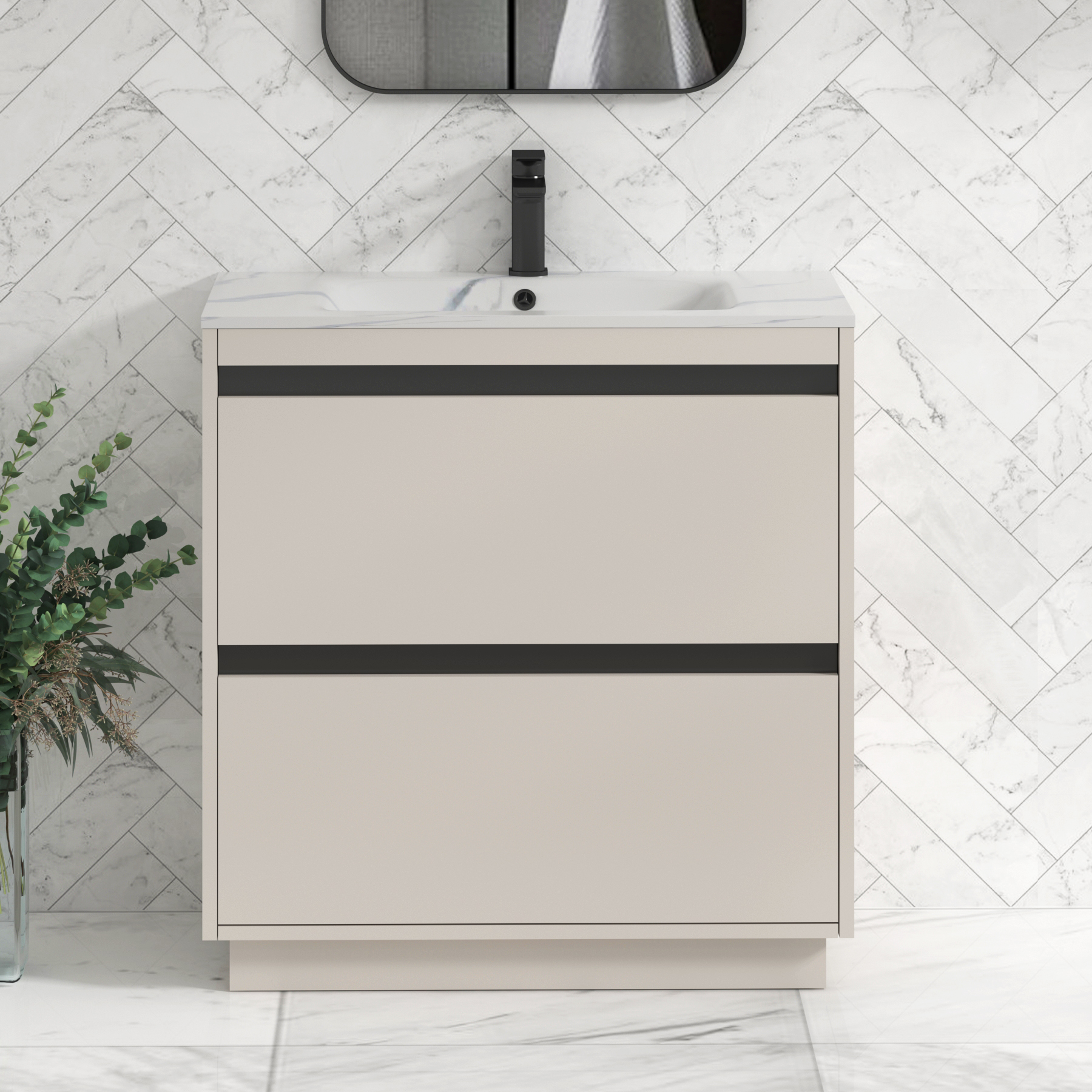 Orion Floor Standing Vanity Unit 2 Drawer Warm Taupe with Carrara White Basin