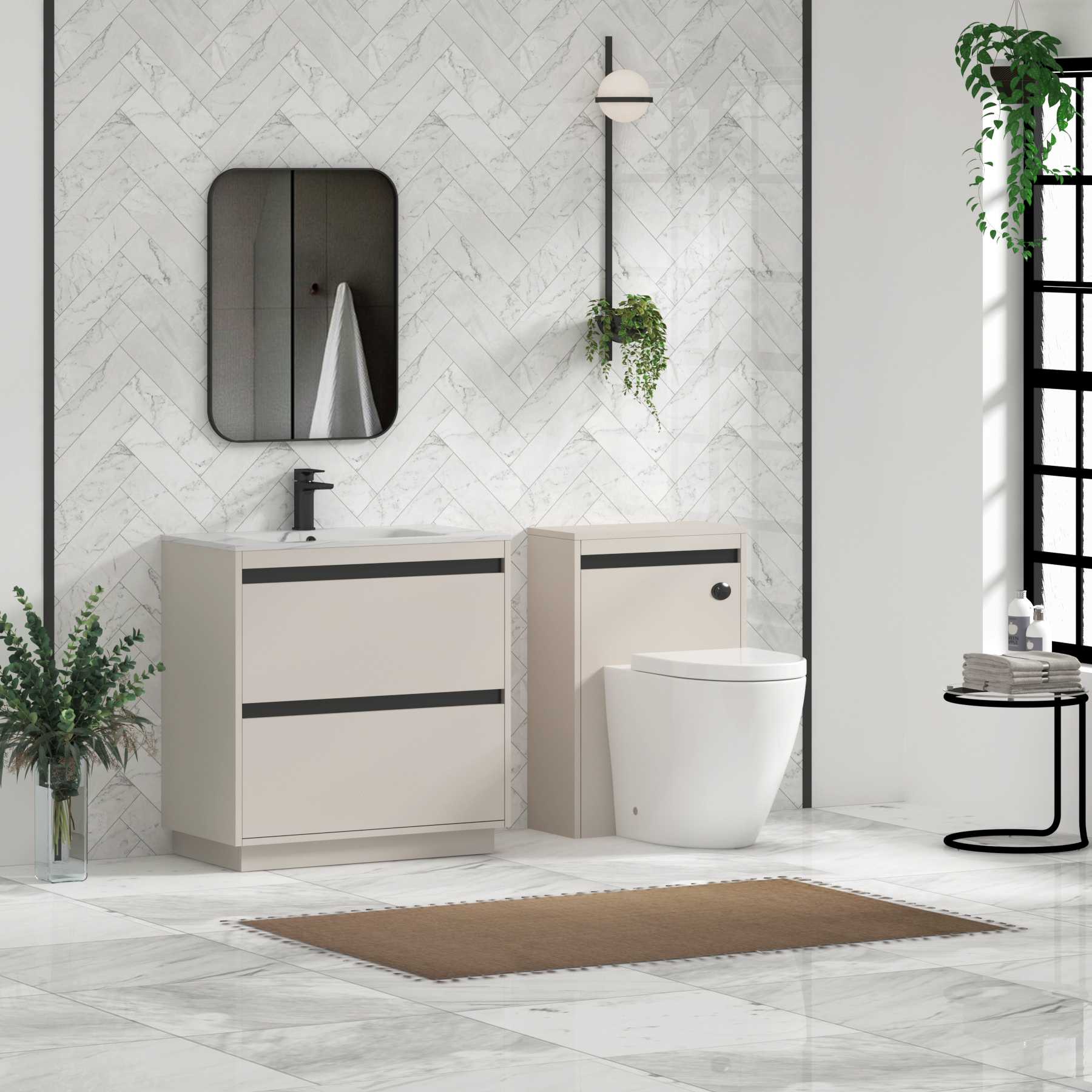 Orion Floor Standing Vanity Unit 2 Drawer Warm Taupe with Carrara White Basin