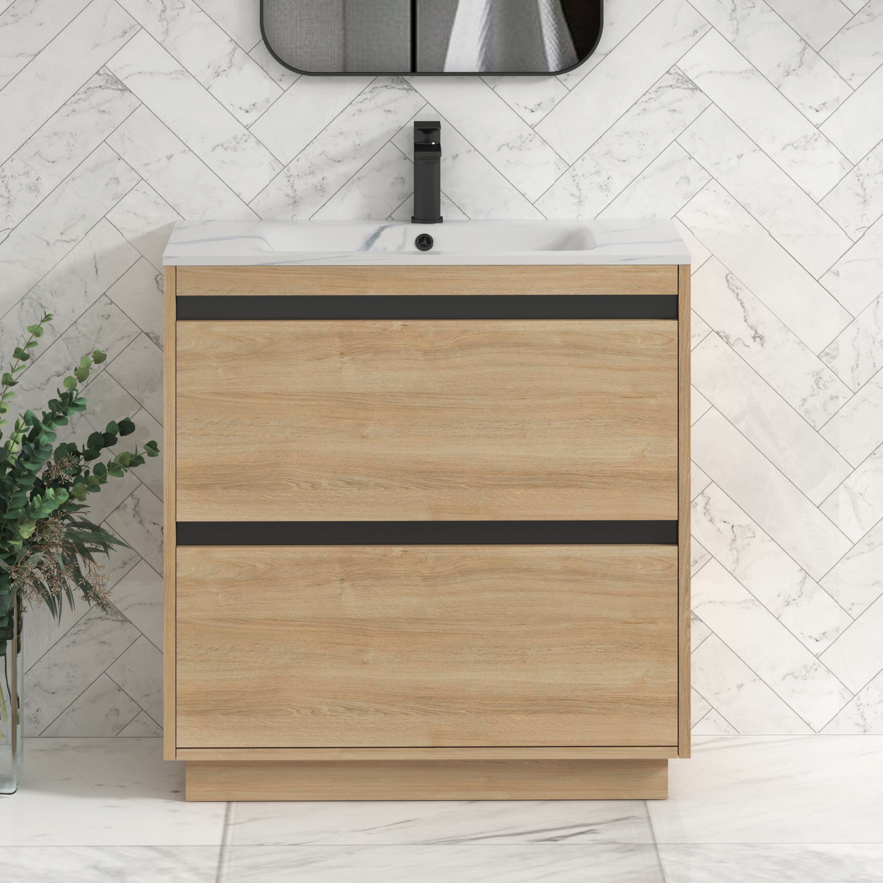 Orion Floor Standing Vanity Unit 2 Drawer Natural Oak with Carrara White Basin