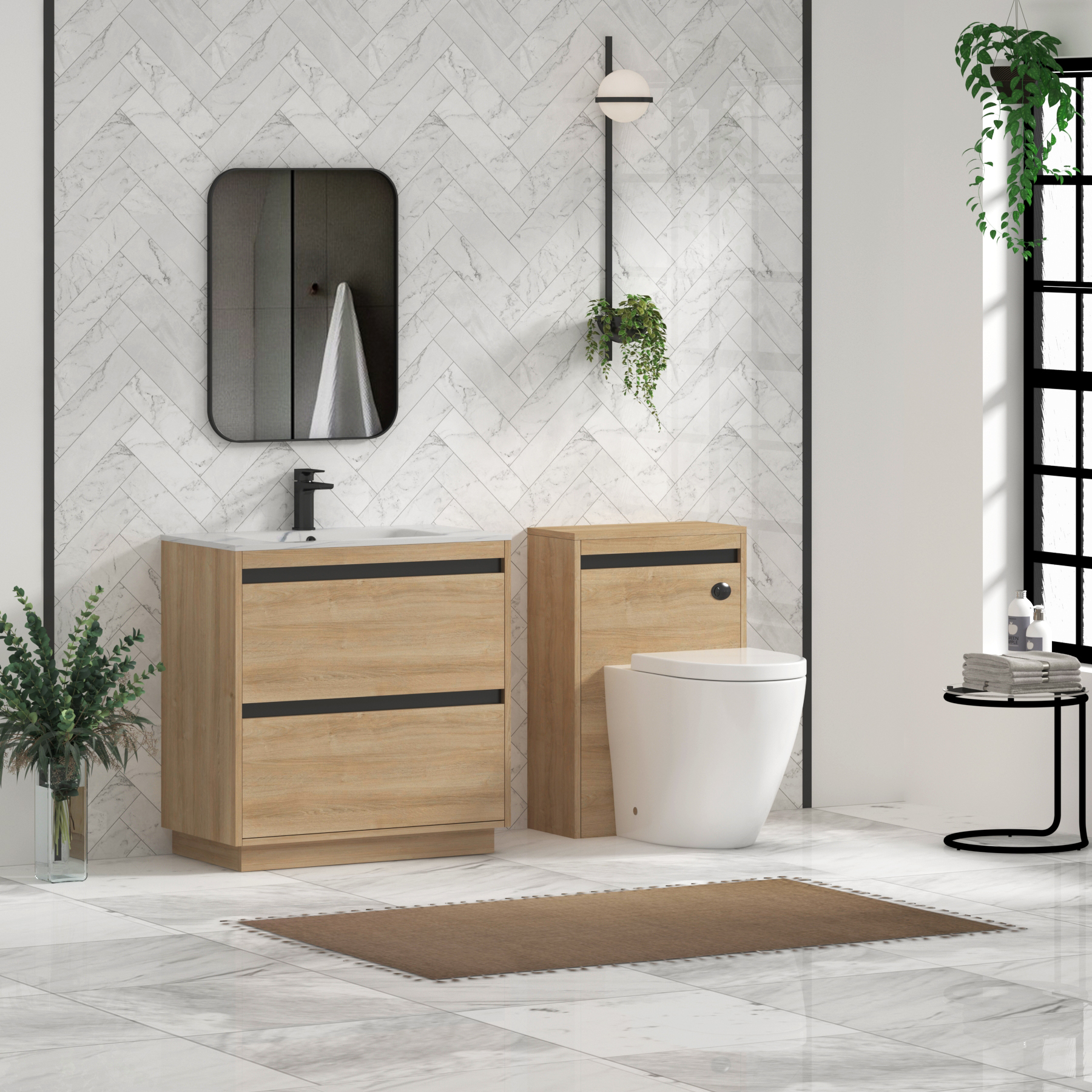 Orion Floor Standing Vanity Unit 2 Drawer Natural Oak with Carrara White Basin