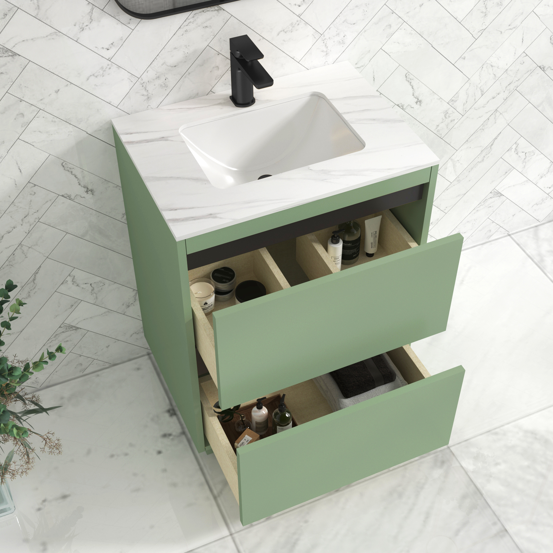 Orion Mint Green 2 Drawer Floor Standing Vanity Unit with Carrara White Top