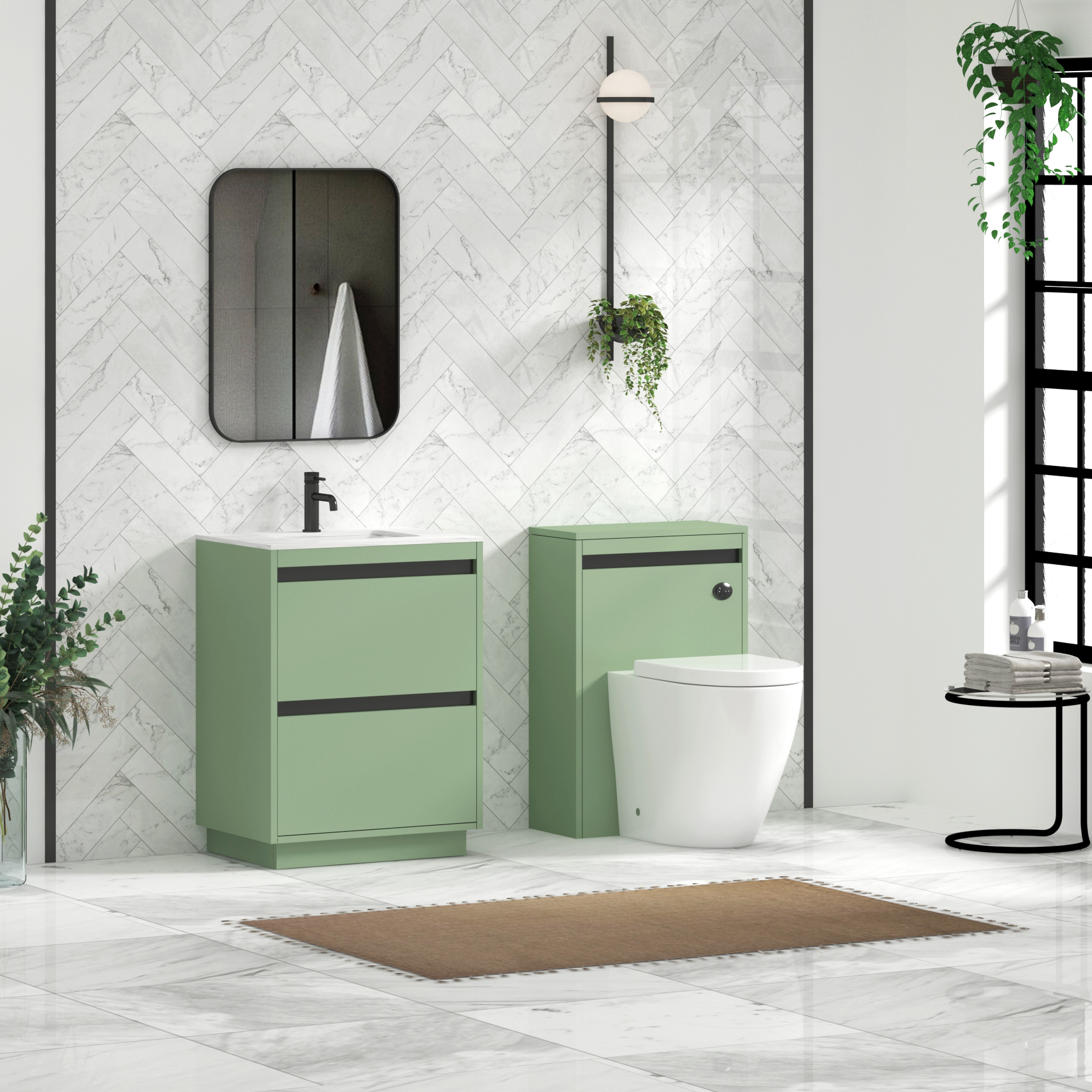 Orion Mint Green 2 Drawer Floor Standing Vanity Unit with Carrara White Top