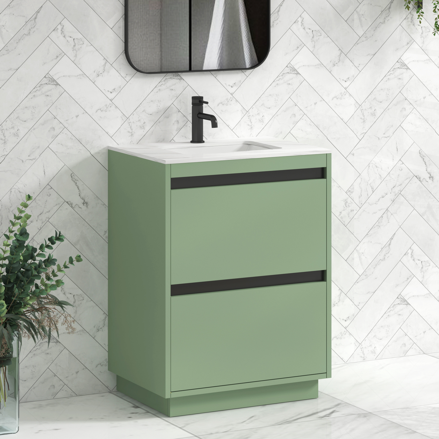 Orion Mint Green 2 Drawer Floor Standing Vanity Unit with Carrara White Top