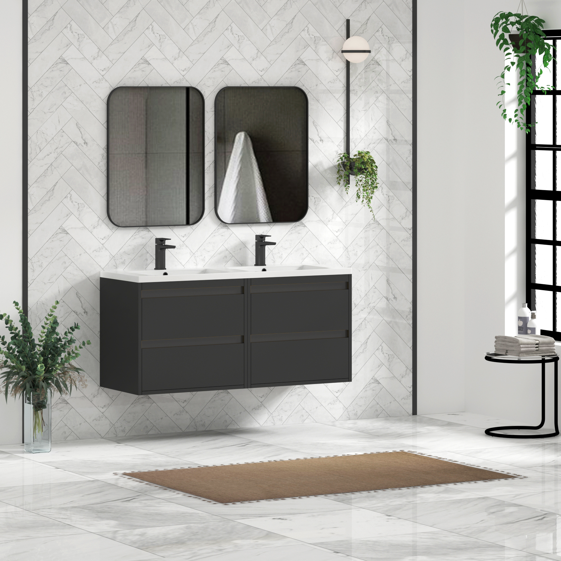 Orion 1200mm Matt Obsidian Black 4 Drawer Wall Hung Vanity Unit with Ceramic Basin & Accent Trim