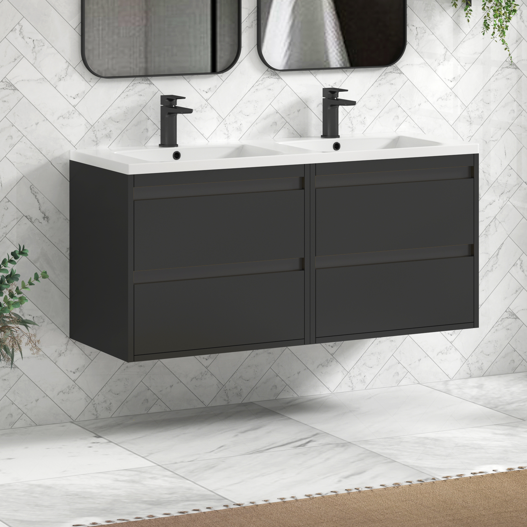 Orion 1200mm Matt Obsidian Black 4 Drawer Wall Hung Vanity Unit with Ceramic Basin & Accent Trim