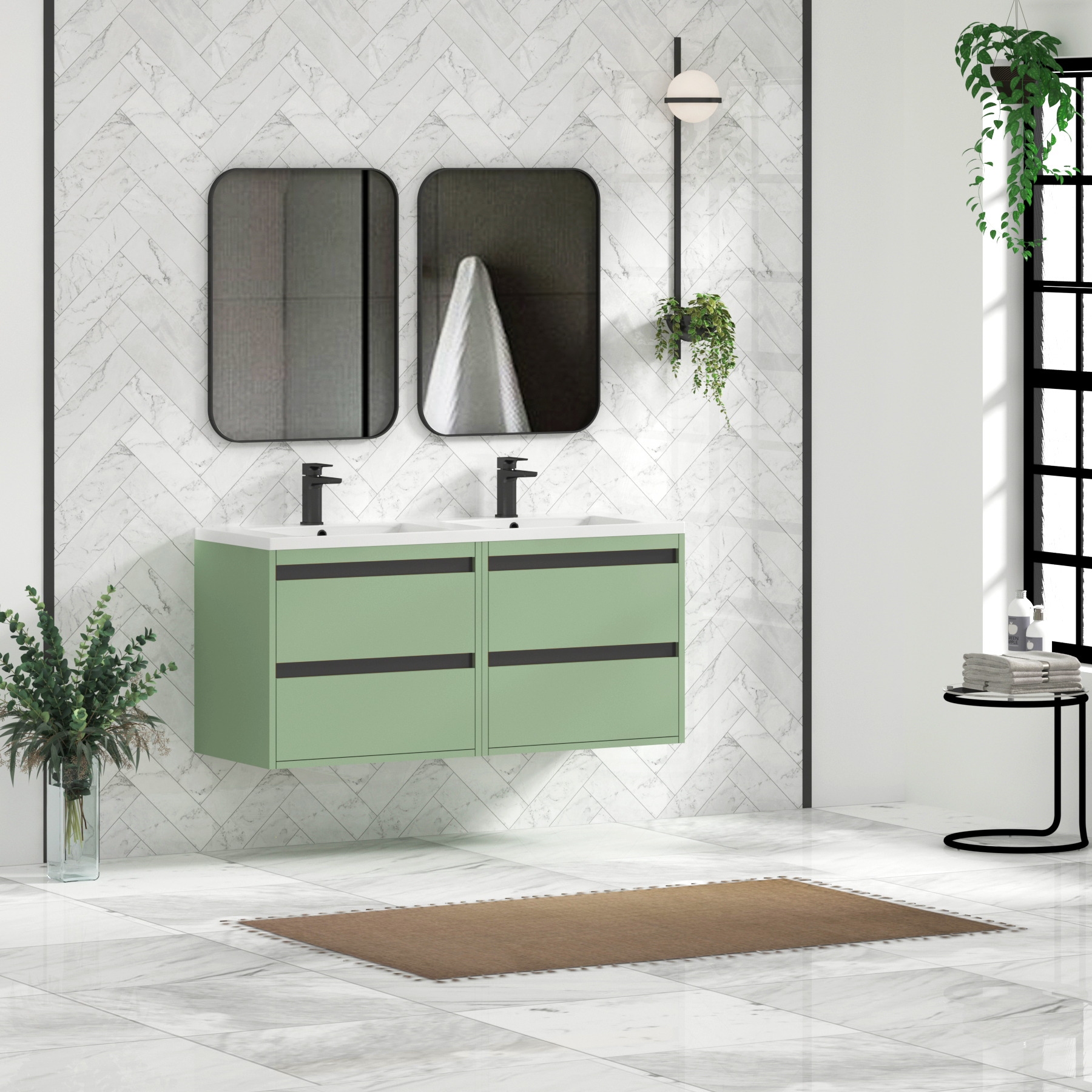 Orion 1200mm Mint Sage 4 Drawer Wall Hung Vanity Unit with Ceramic Basin & Accent Trim