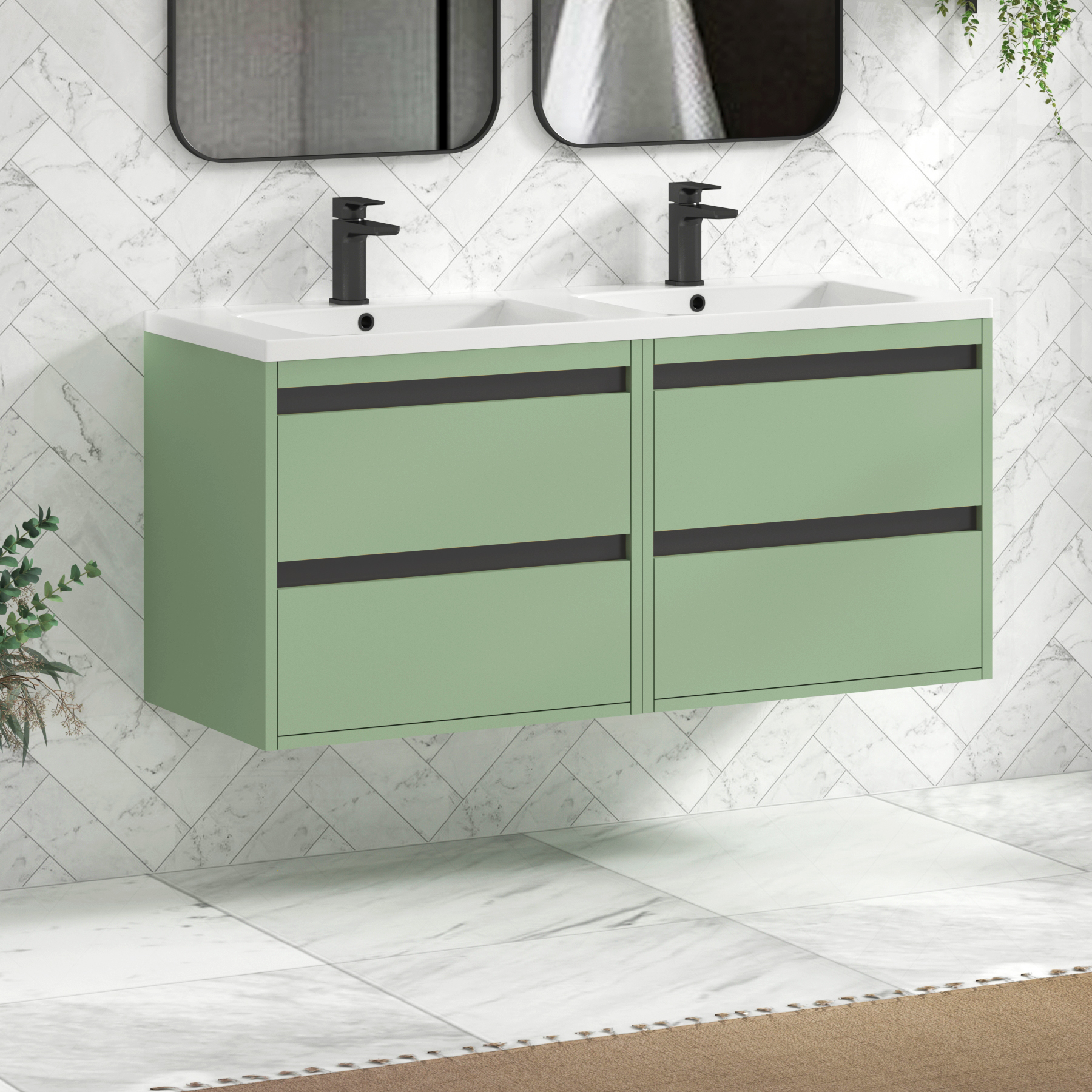 Orion 1200mm Mint Sage 4 Drawer Wall Hung Vanity Unit with Ceramic Basin & Accent Trim