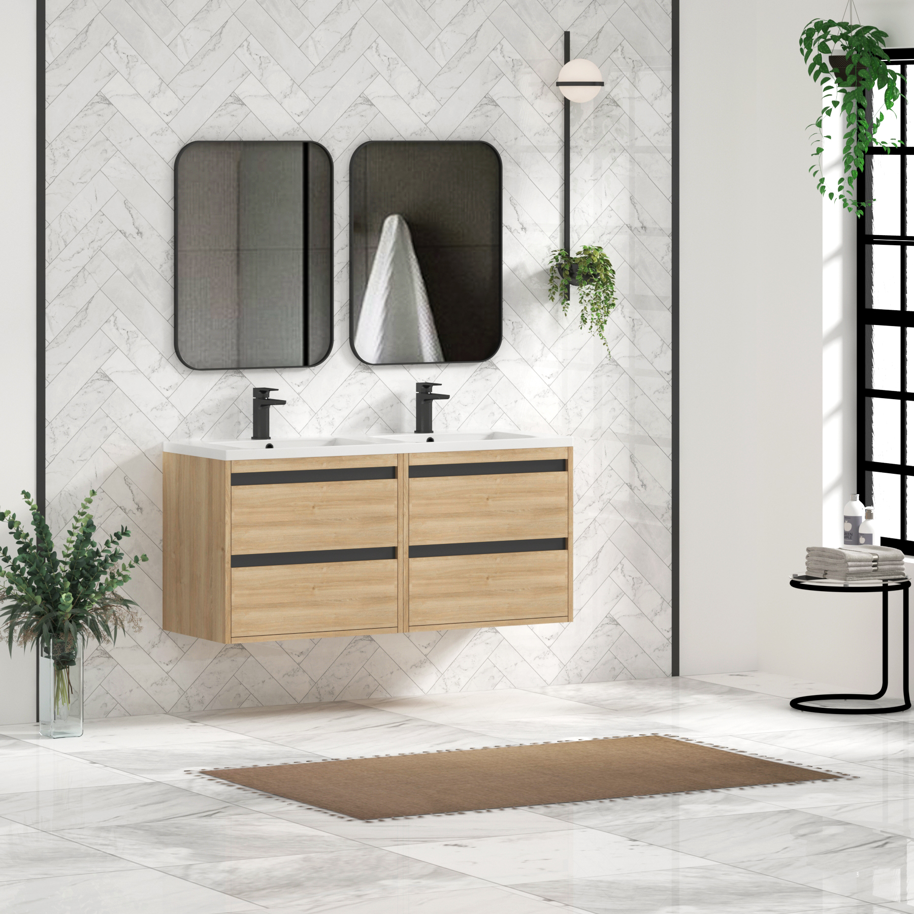 Orion 1200mm Natural Oak 4 Drawer Wall Hung Vanity Unit with Ceramic Basin & Accent Trim