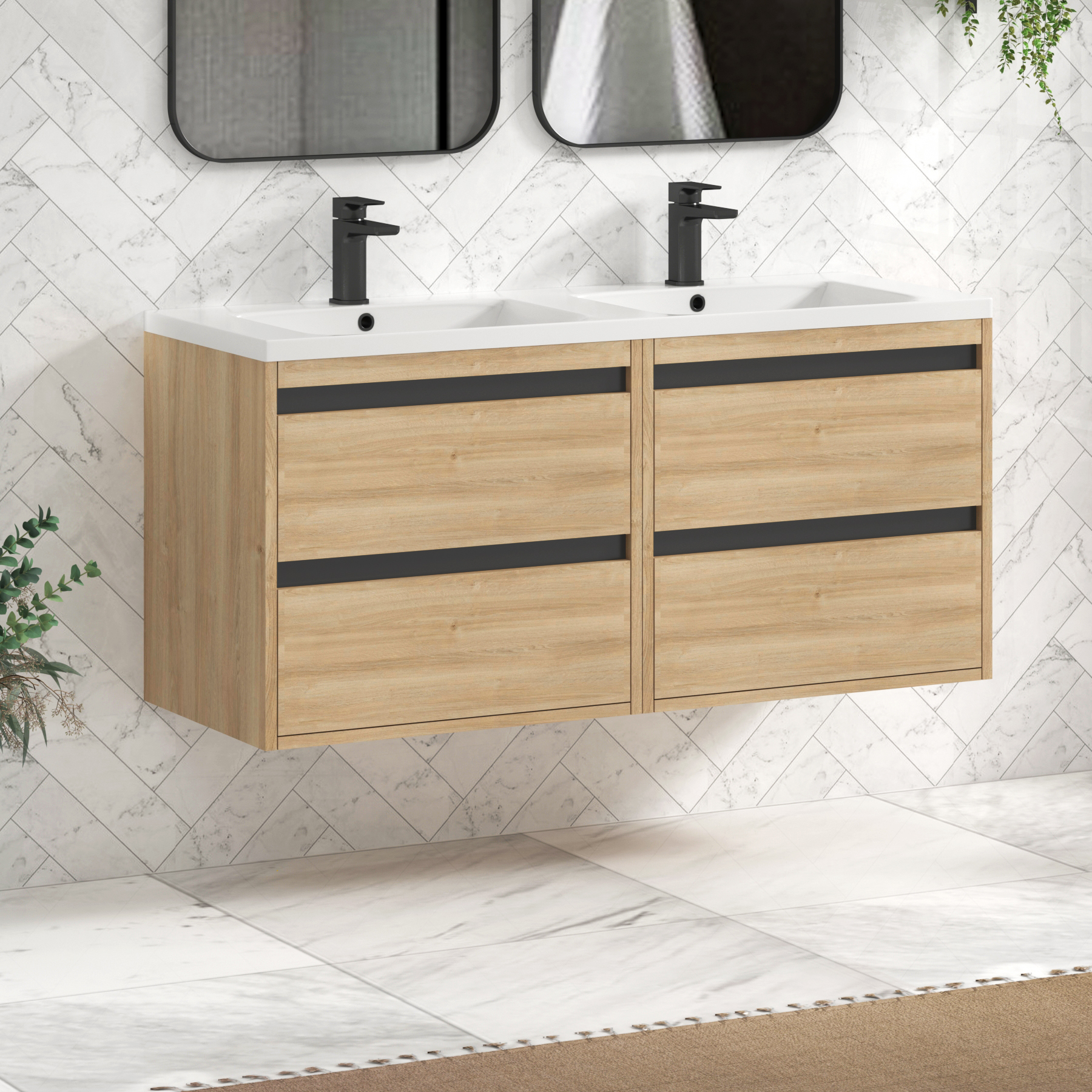 Orion 1200mm Natural Oak 4 Drawer Wall Hung Vanity Unit with Ceramic Basin & Accent Trim