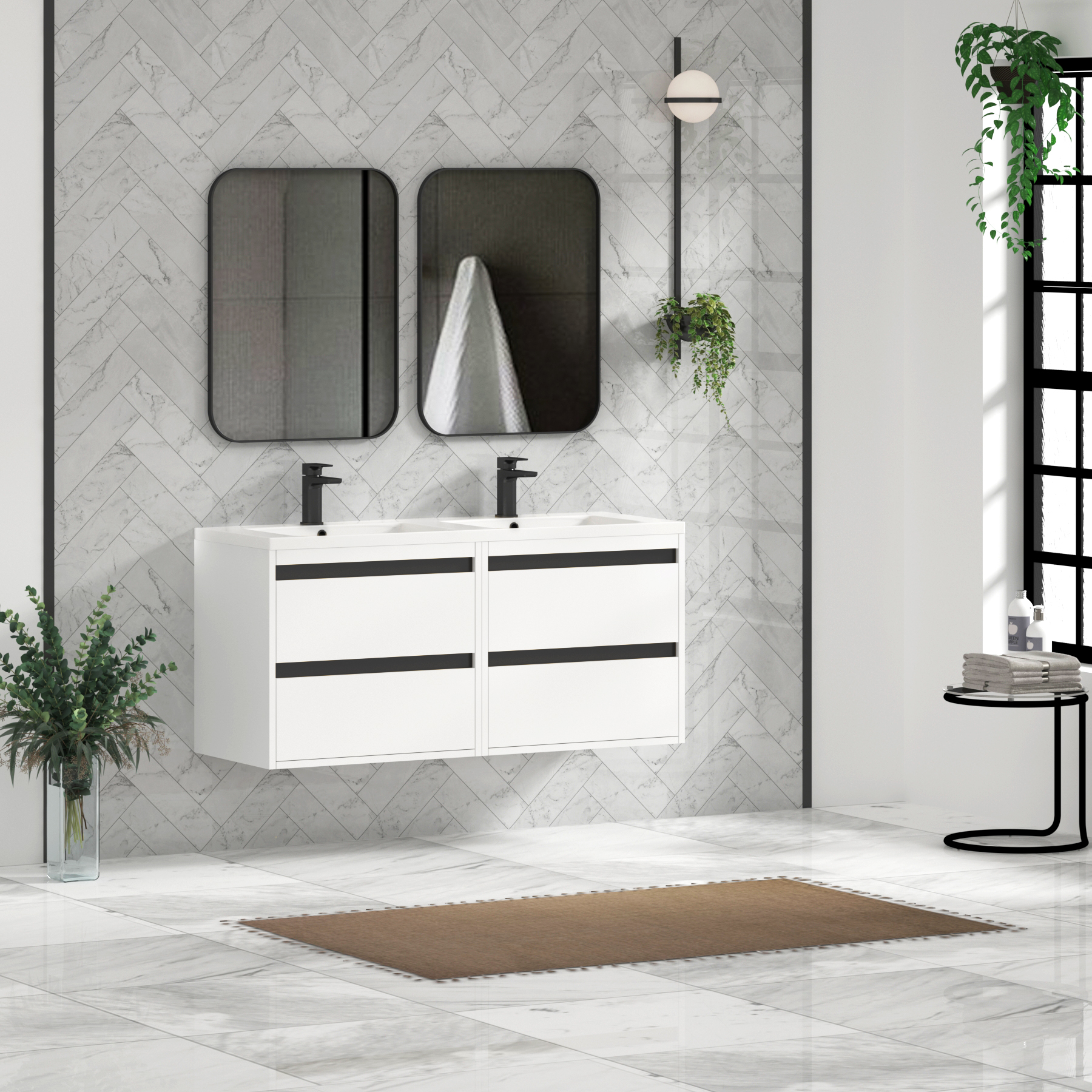 Orion 1200mm Matt White 4 Drawer Wall Hung Vanity Unit with Ceramic Basin & Accent Trim