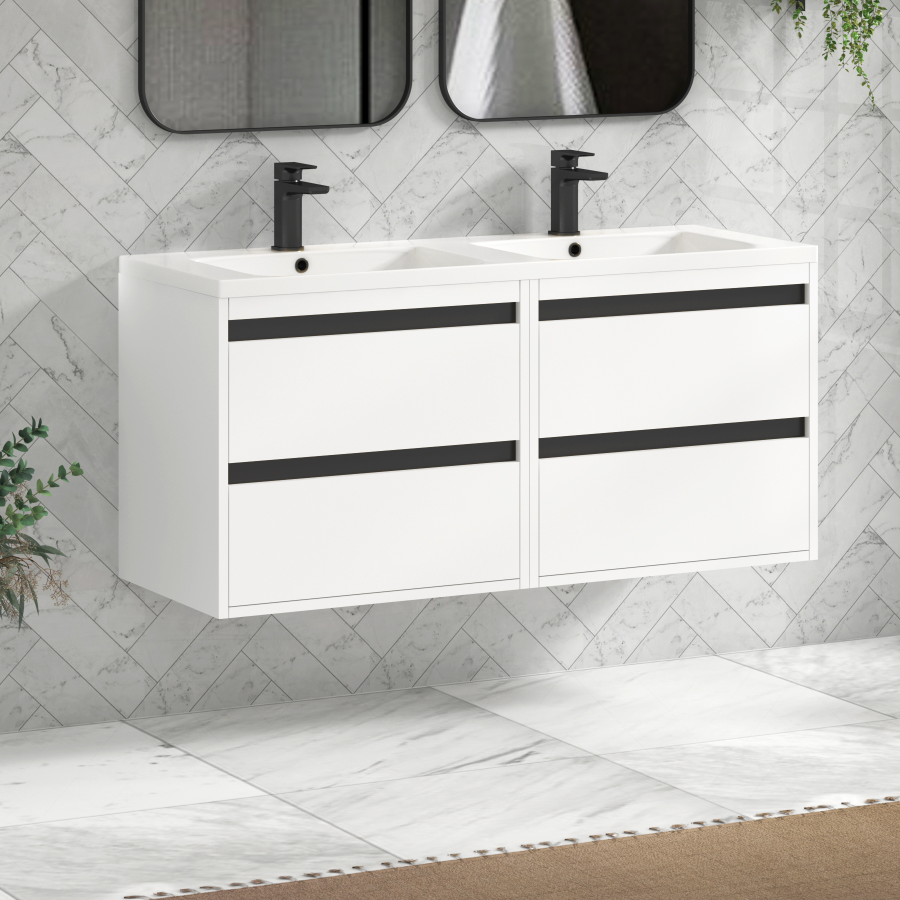 Orion 1200mm Matt White 4 Drawer Wall Hung Vanity Unit with Ceramic Basin & Accent Trim