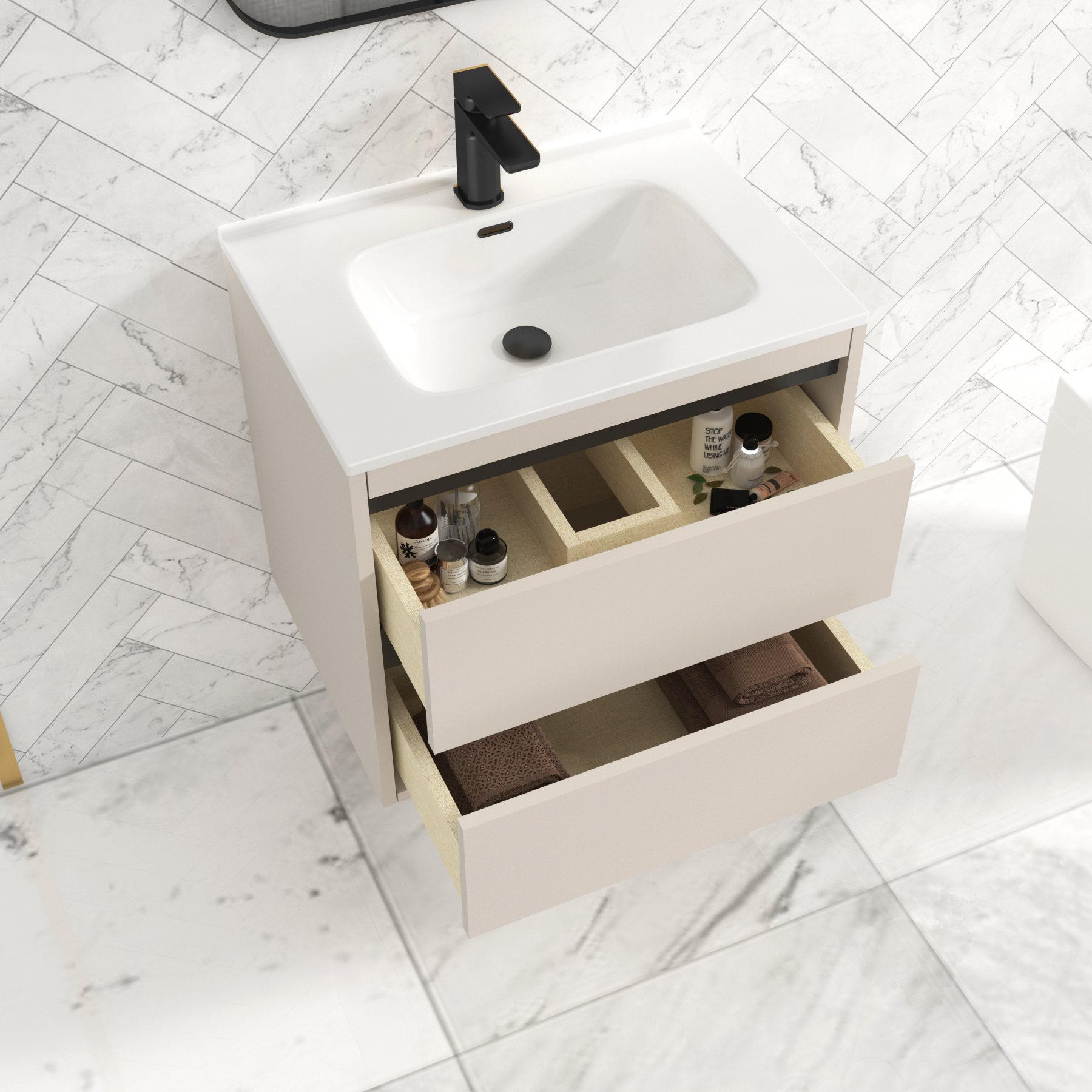Orion Warm Taupe 2 Drawer Wall Hung Vanity Unit with Ceramic Basin