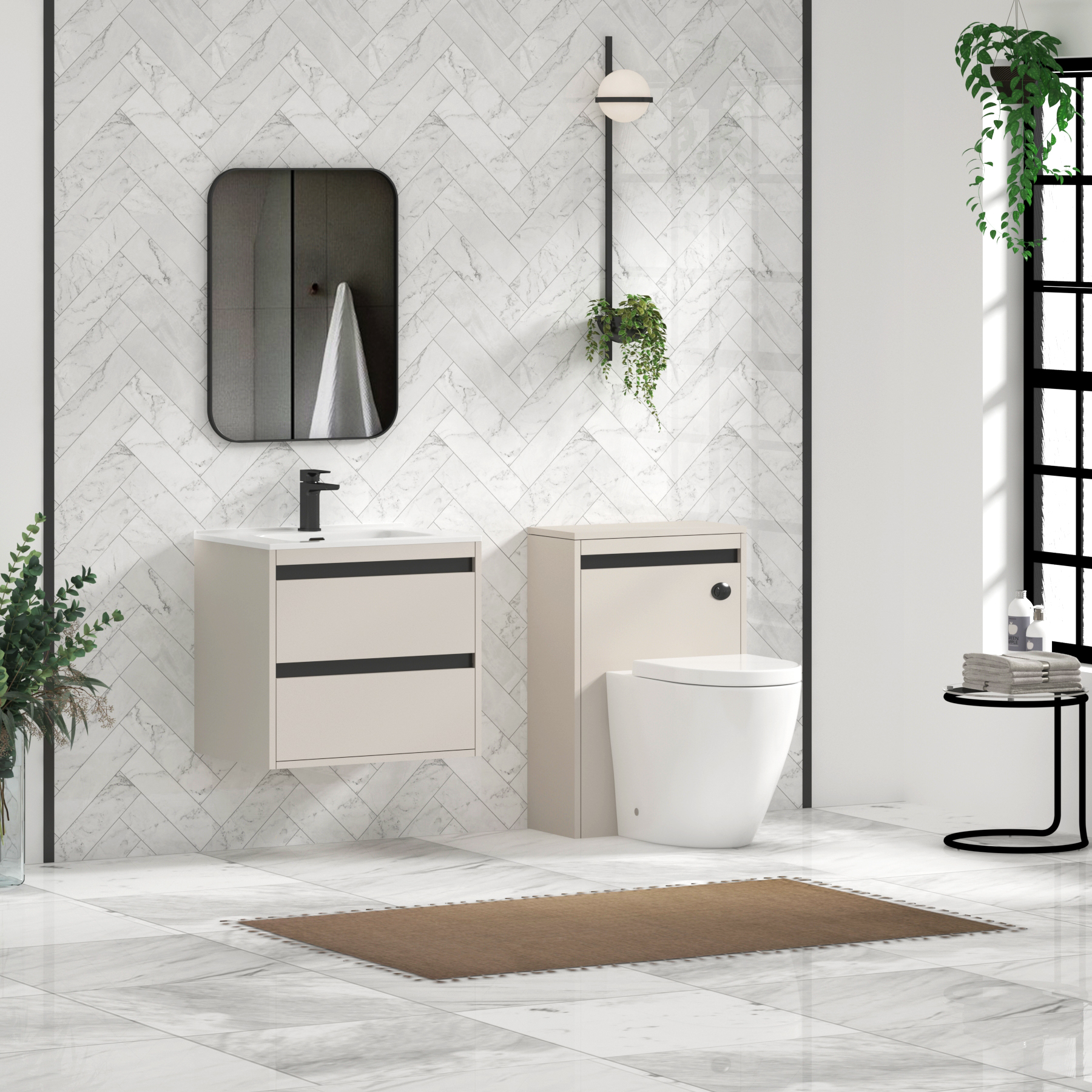 Orion Warm Taupe 2 Drawer Wall Hung Vanity Unit with Ceramic Basin