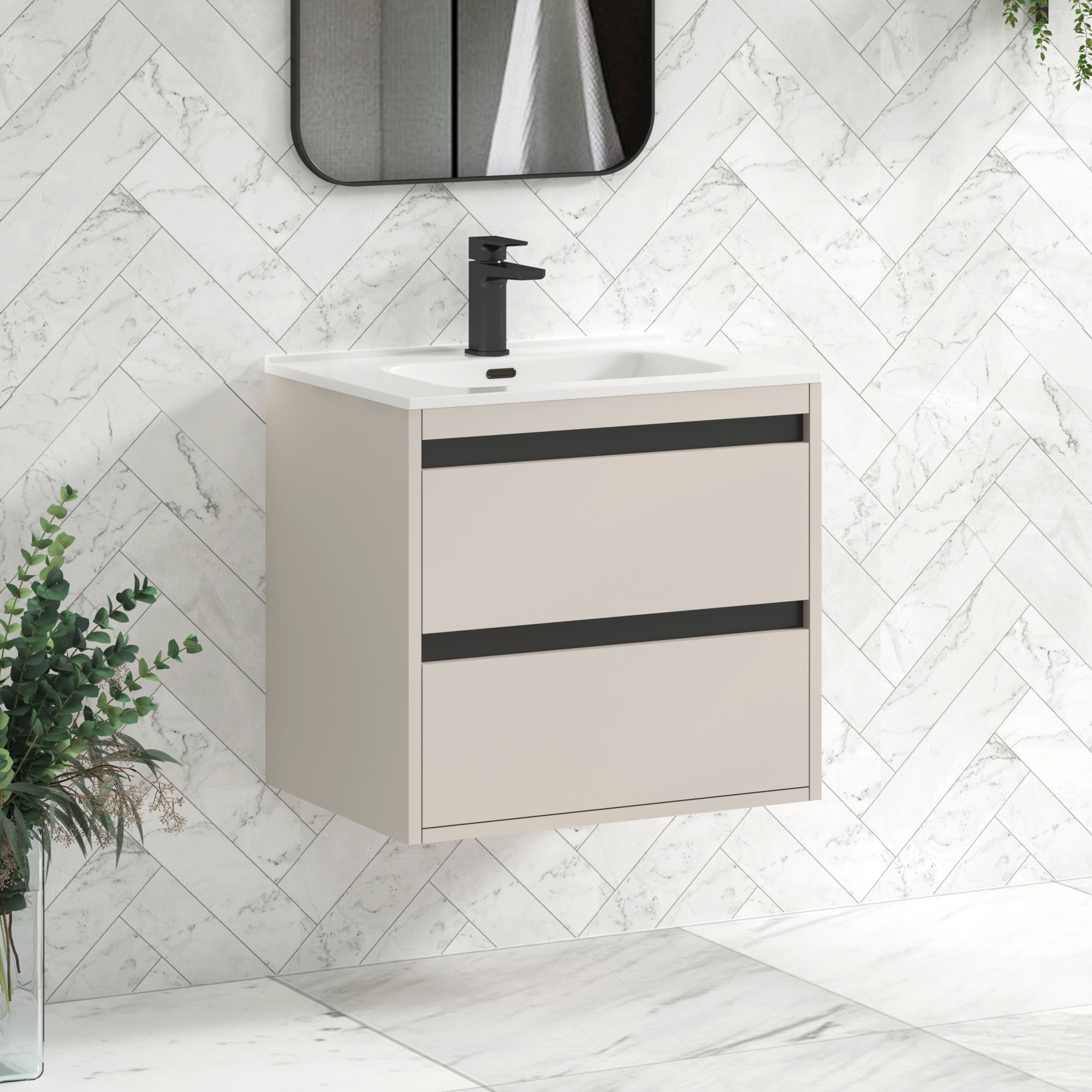 Orion Warm Taupe 2 Drawer Wall Hung Vanity Unit with Ceramic Basin