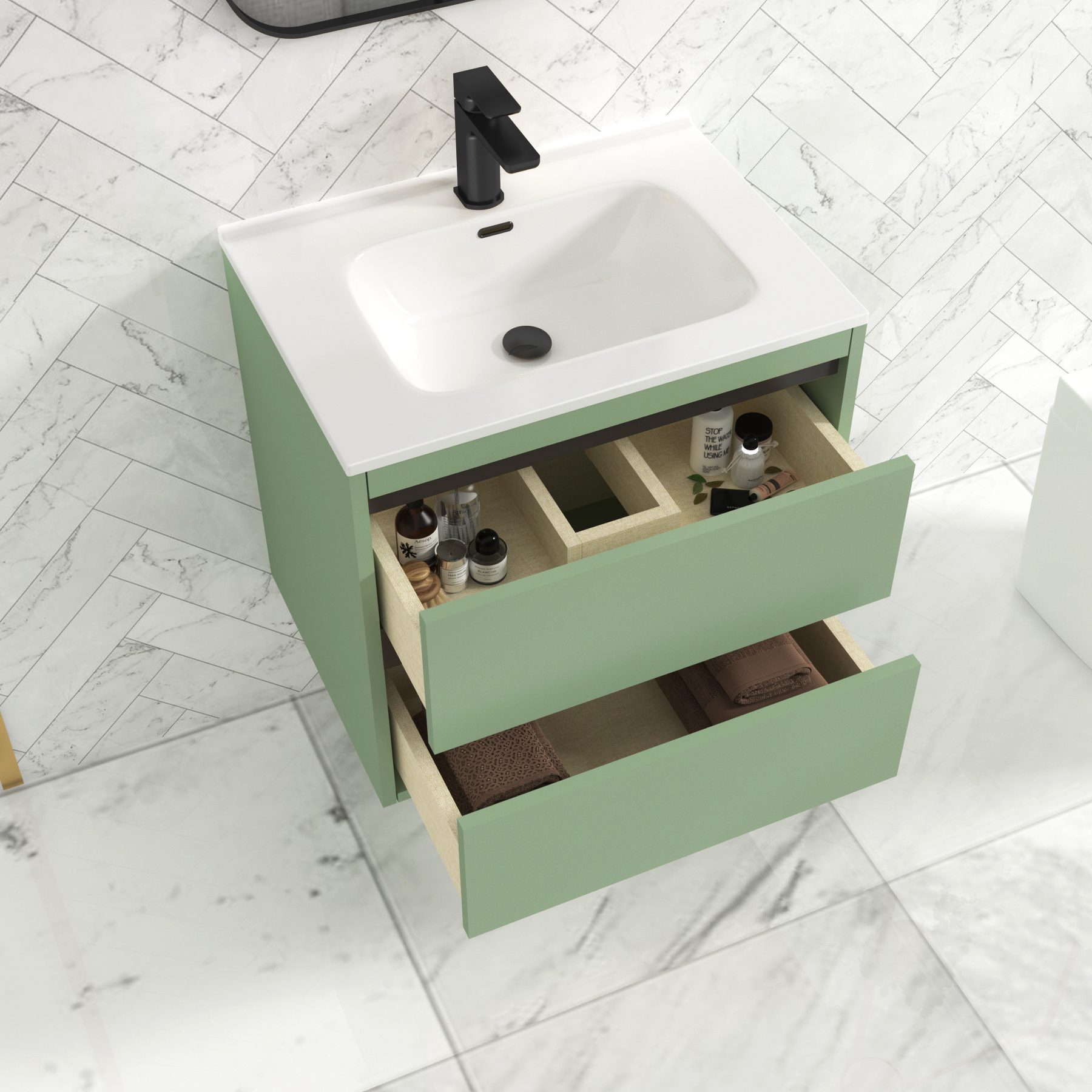 Orion Mint Sage 2 Drawer Wall Hung Vanity Unit with Ceramic Basin