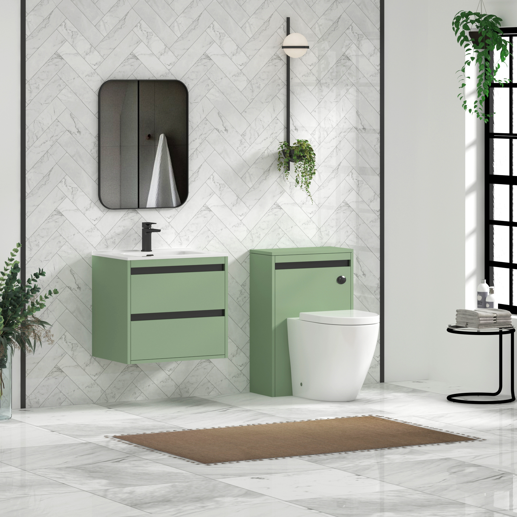 Orion Mint Sage 2 Drawer Wall Hung Vanity Unit with Ceramic Basin
