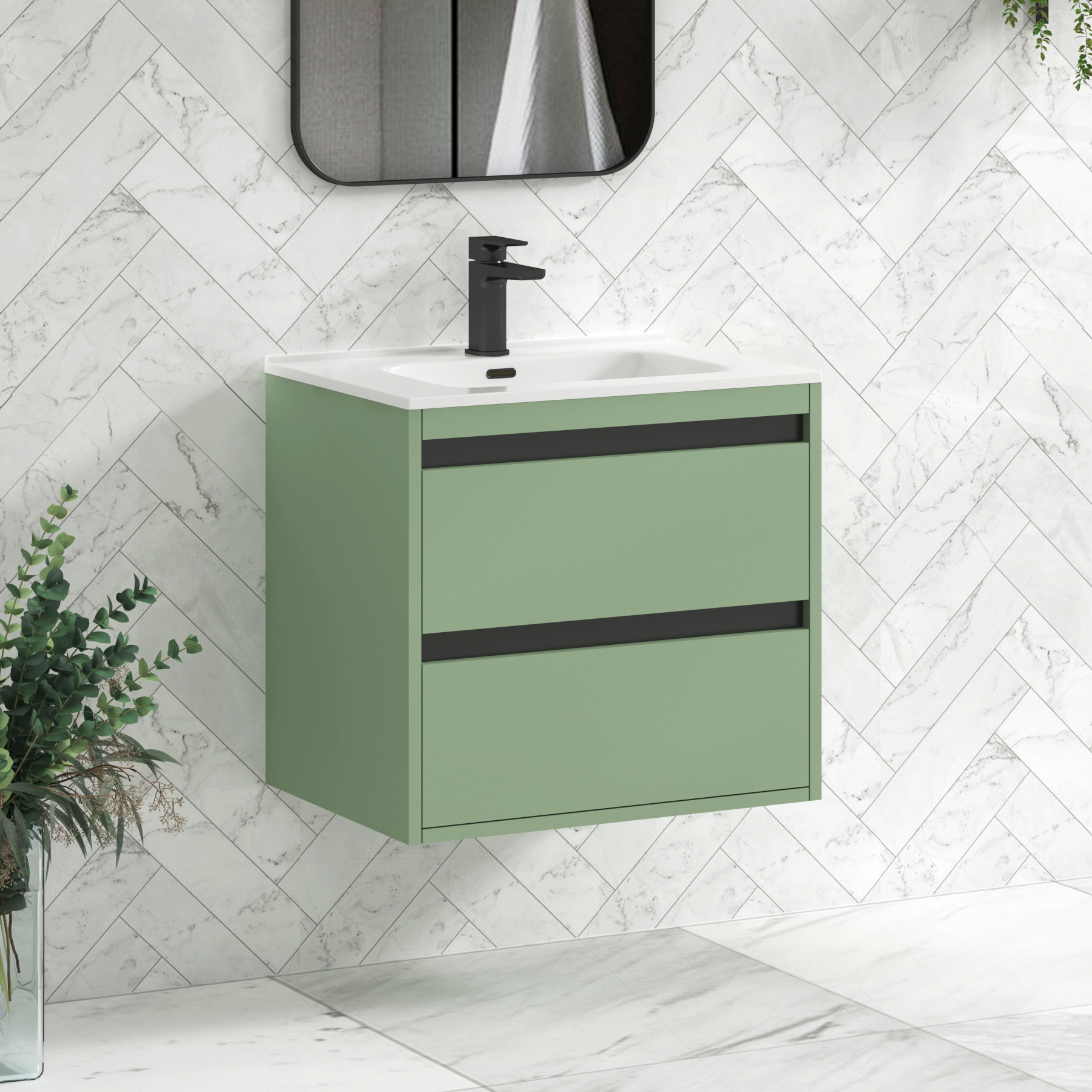 Orion Mint Sage 2 Drawer Wall Hung Vanity Unit with Ceramic Basin