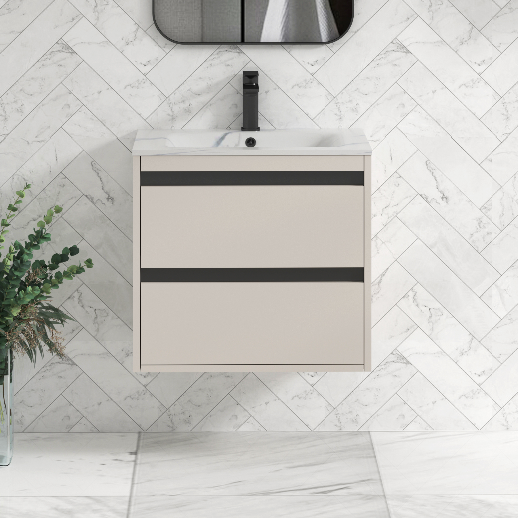 Orion Wall Hung Vanity Unit 2 Drawer Warm Taupe with Carrara White Basin