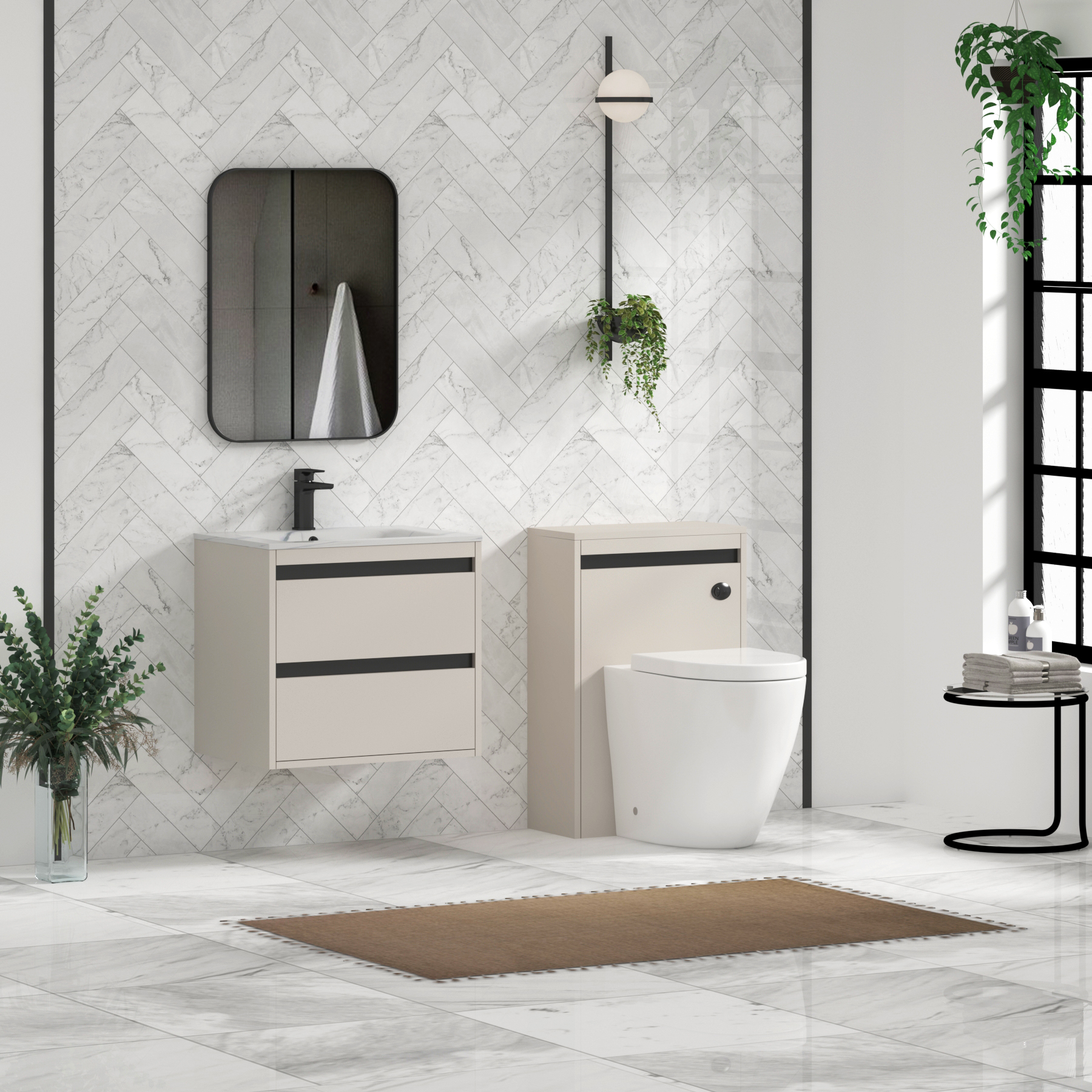 Orion Wall Hung Vanity Unit 2 Drawer Warm Taupe with Carrara White Basin
