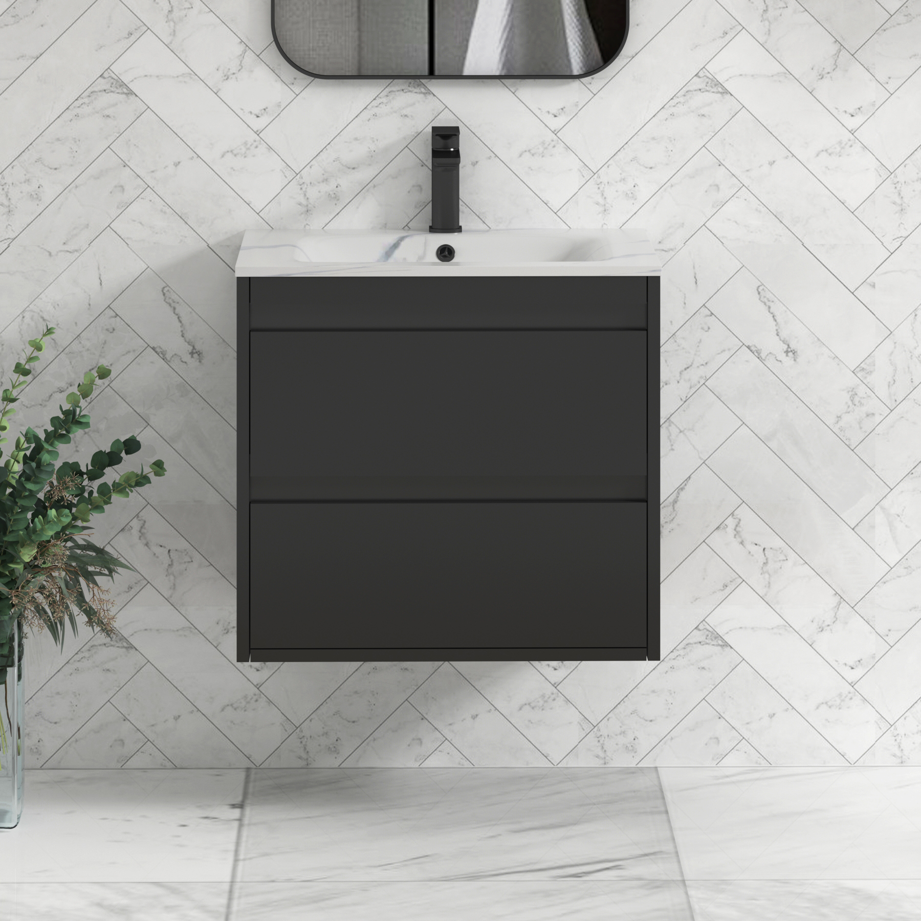 Orion Wall Hung Vanity Unit 2 Drawer Matt Obsidian Black with Carrara White Basin