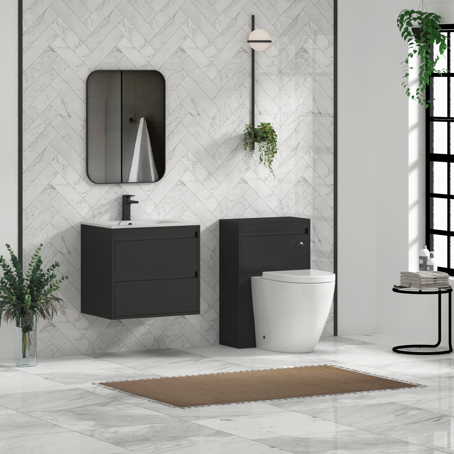 Orion Wall Hung Vanity Unit 2 Drawer Matt Obsidian Black with Carrara White Basin
