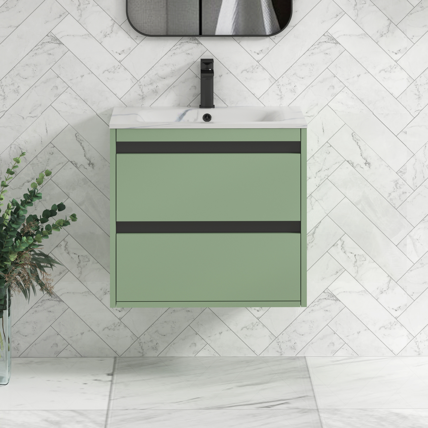 Orion Wall Hung Vanity Unit 2 Drawer Mint Sage with Carrara White Basin