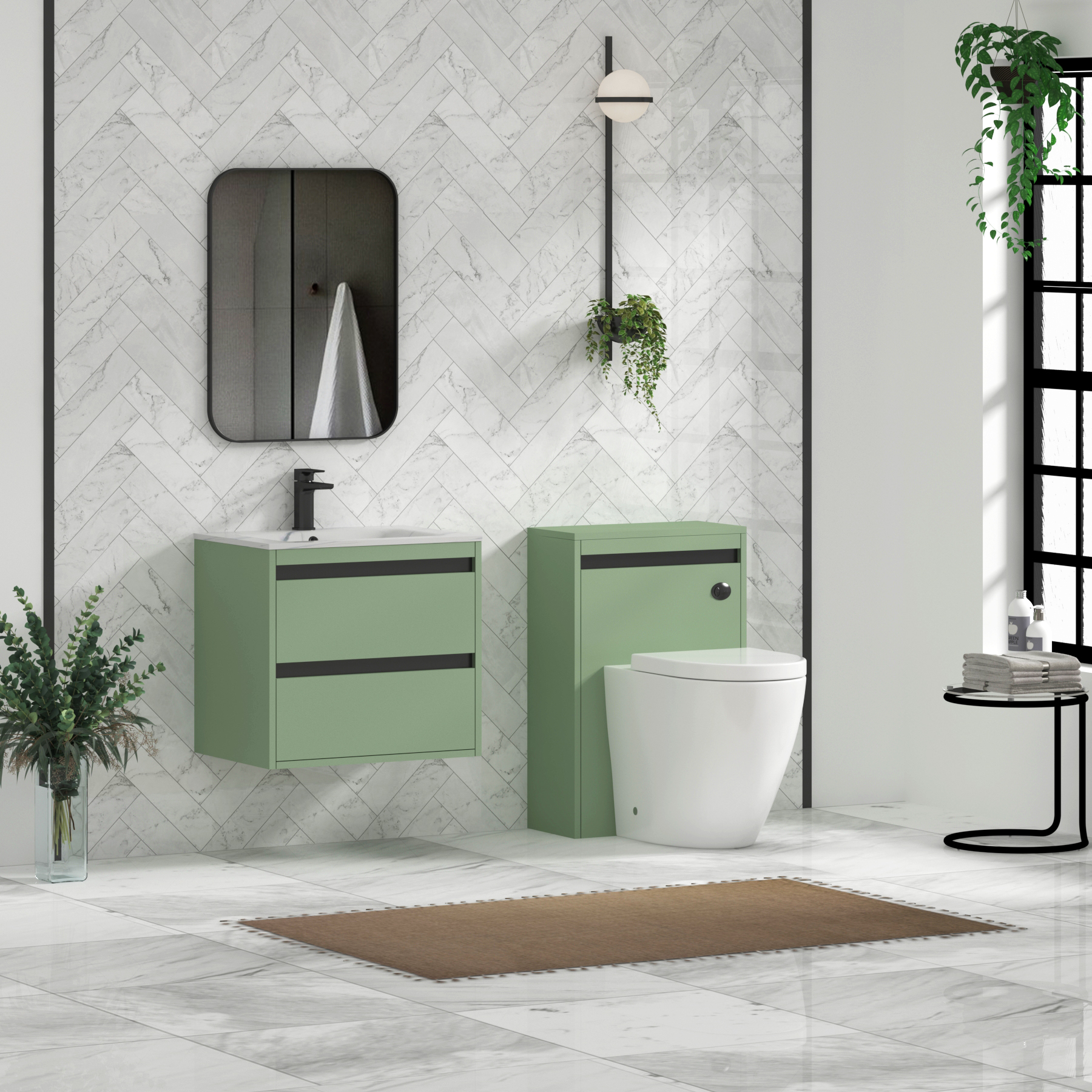 Orion Wall Hung Vanity Unit 2 Drawer Mint Sage with Carrara White Basin