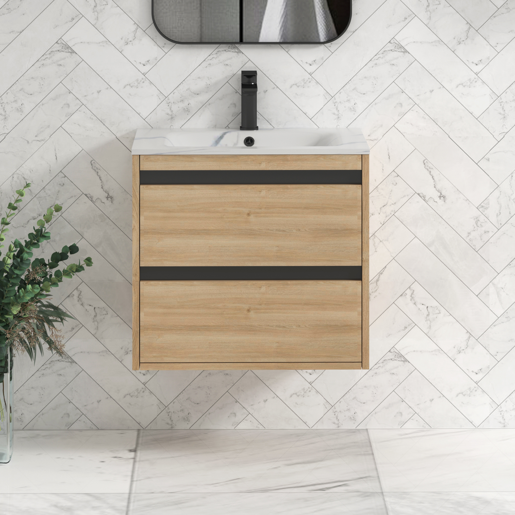 Orion Wall Hung Vanity Unit 2 Drawer Natural Oak with Carrara White Basin