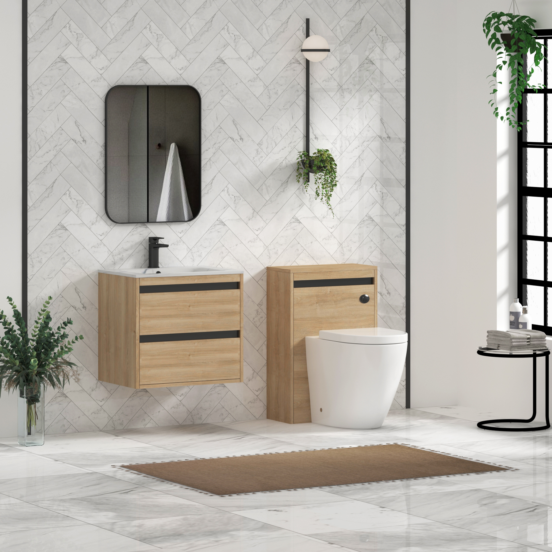Orion Wall Hung Vanity Unit 2 Drawer Natural Oak with Carrara White Basin