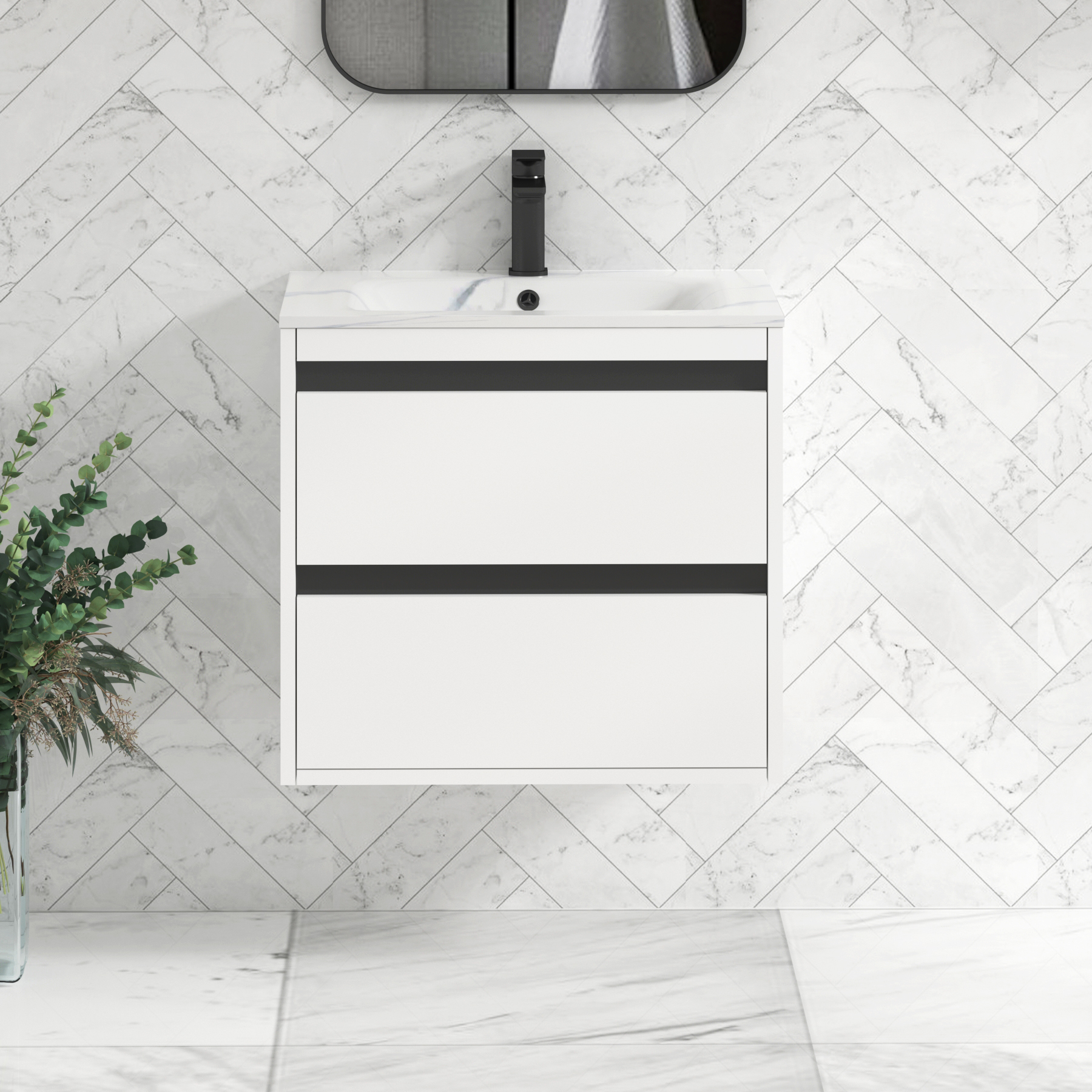 Orion Wall Hung Vanity Unit 2 Drawer Matt White with Carrara White Basin