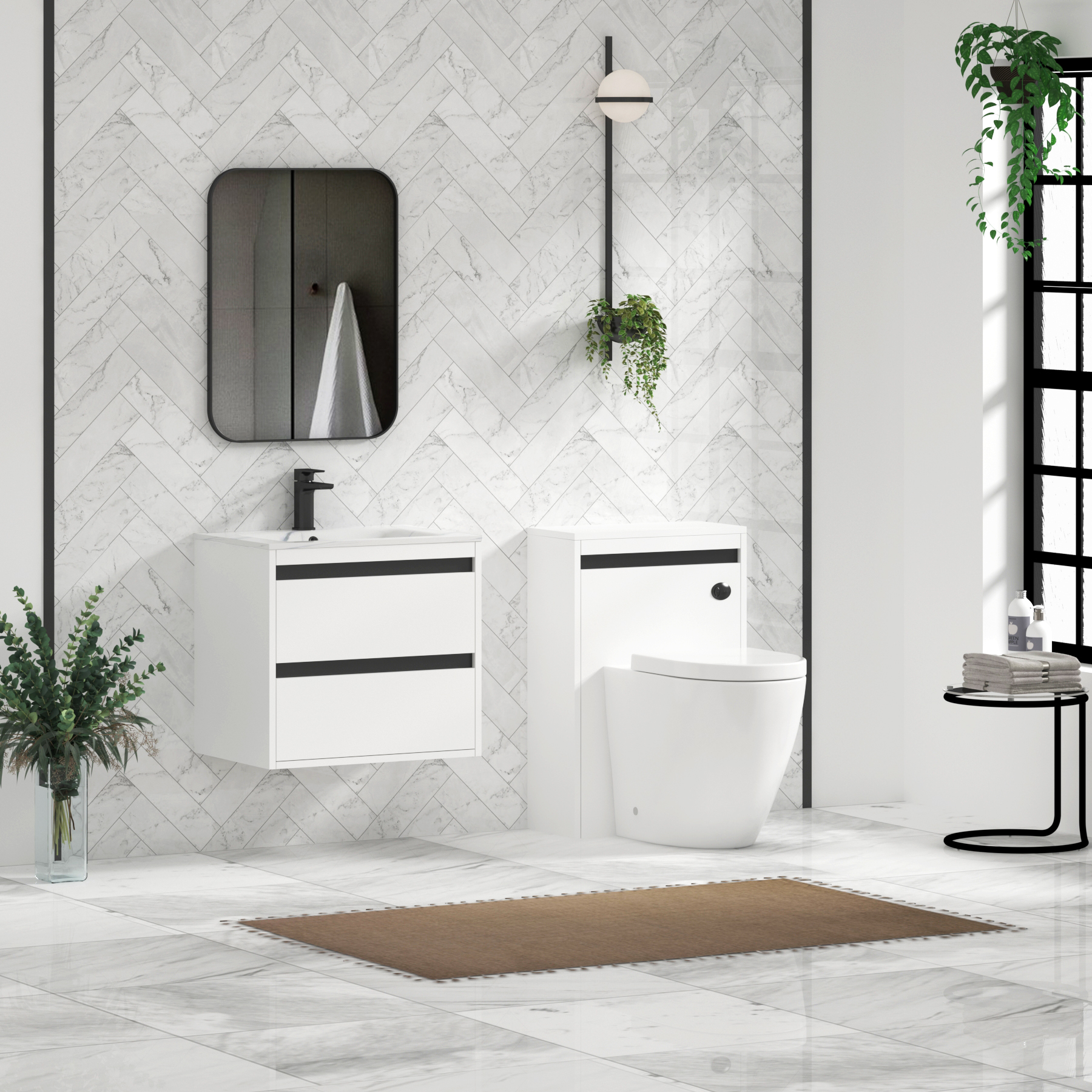 Orion Wall Hung Vanity Unit 2 Drawer Matt White with Carrara White Basin