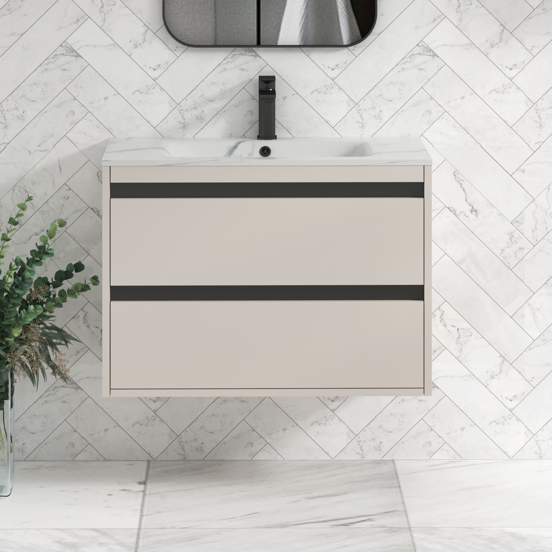 Orion Wall Hung Vanity Unit 2 Drawer Warm Taupe with Carrara White Basin