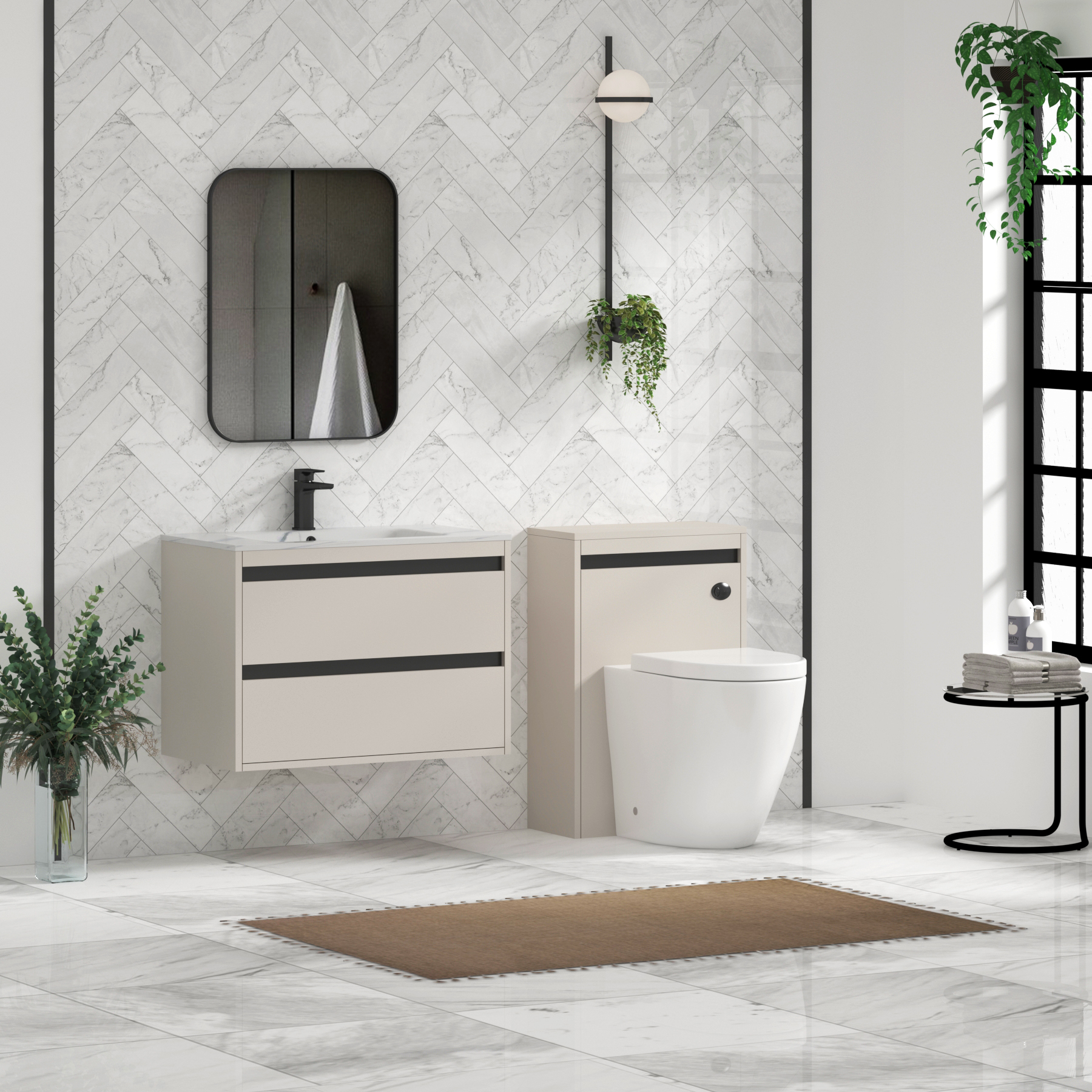 Orion Wall Hung Vanity Unit 2 Drawer Warm Taupe with Carrara White Basin