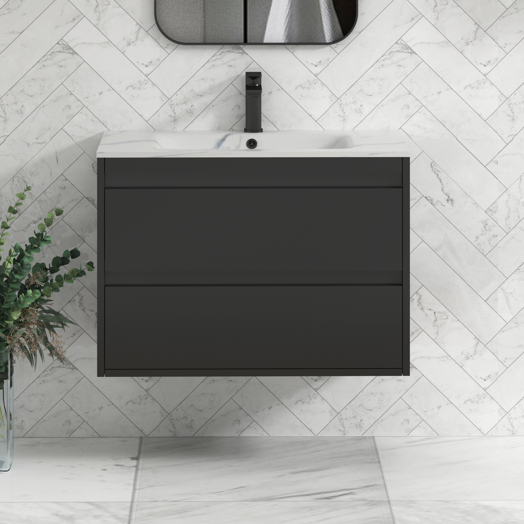 Orion Wall Hung Vanity Unit 2 Drawer Matt Obsidian Black with Carrara White Basin