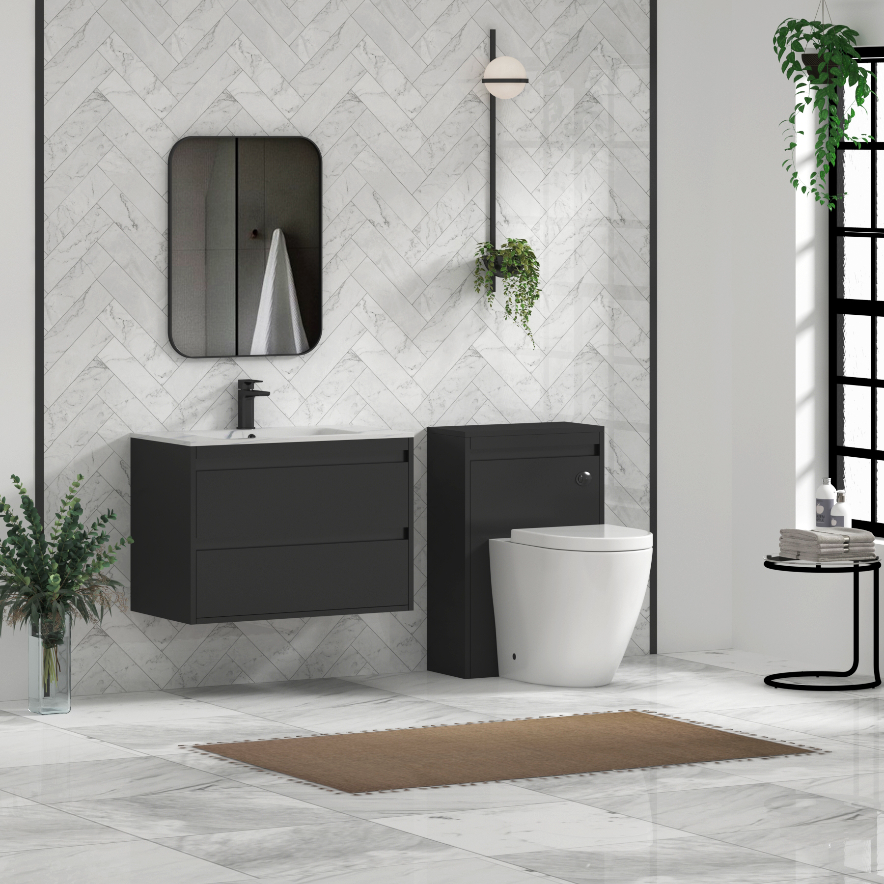 Orion Wall Hung Vanity Unit 2 Drawer Matt Obsidian Black with Carrara White Basin