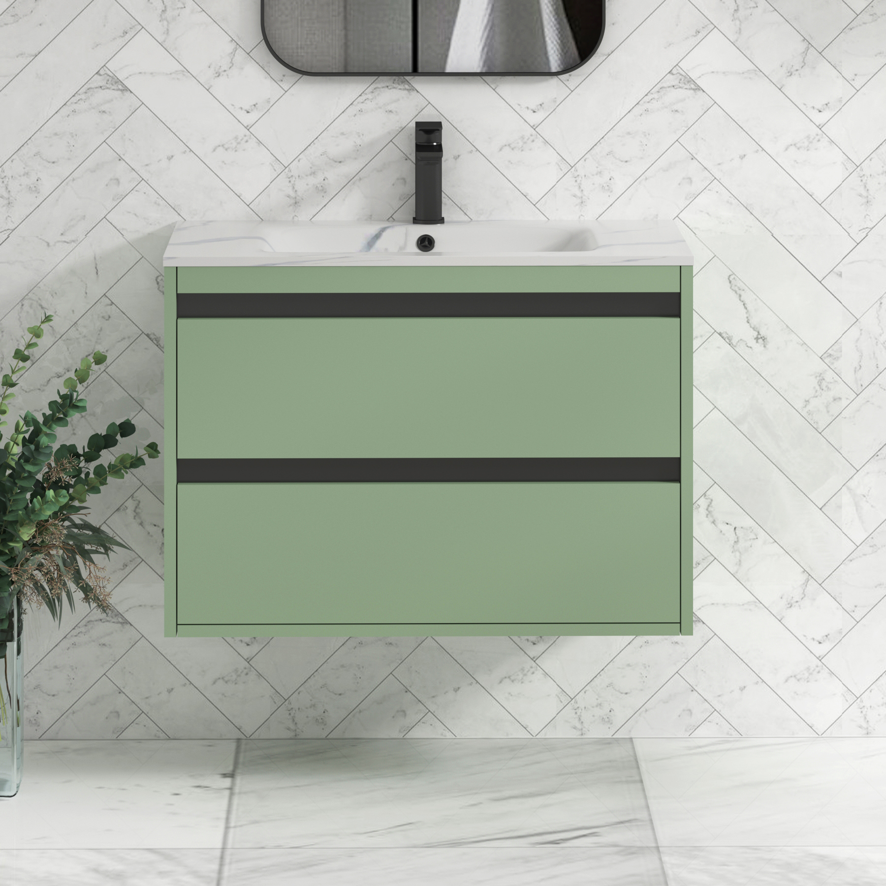 Orion Wall Hung Vanity Unit 2 Drawer Mint Sage with Carrara White Basin
