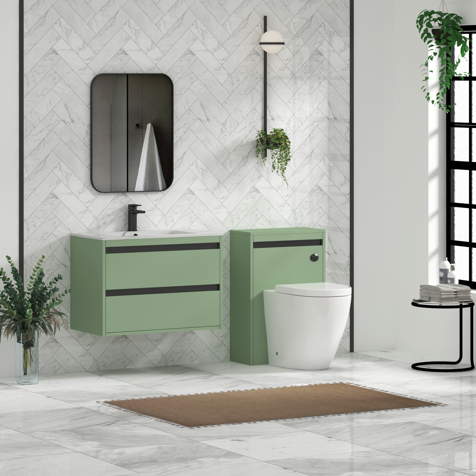 Orion Wall Hung Vanity Unit 2 Drawer Mint Sage with Carrara White Basin