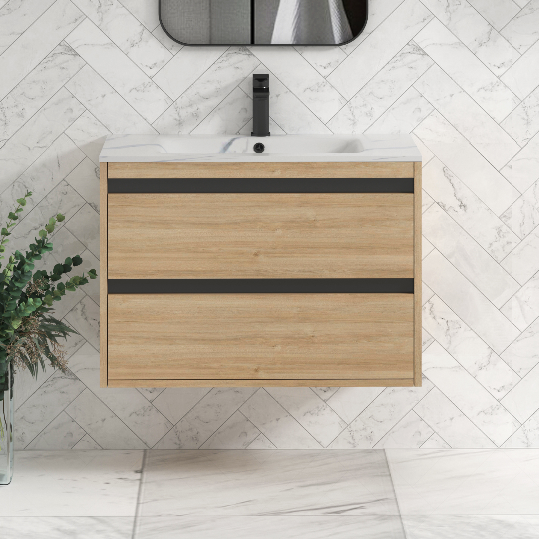 Orion Wall Hung Vanity Unit 2 Drawer Natural Oak with Carrara White Basin