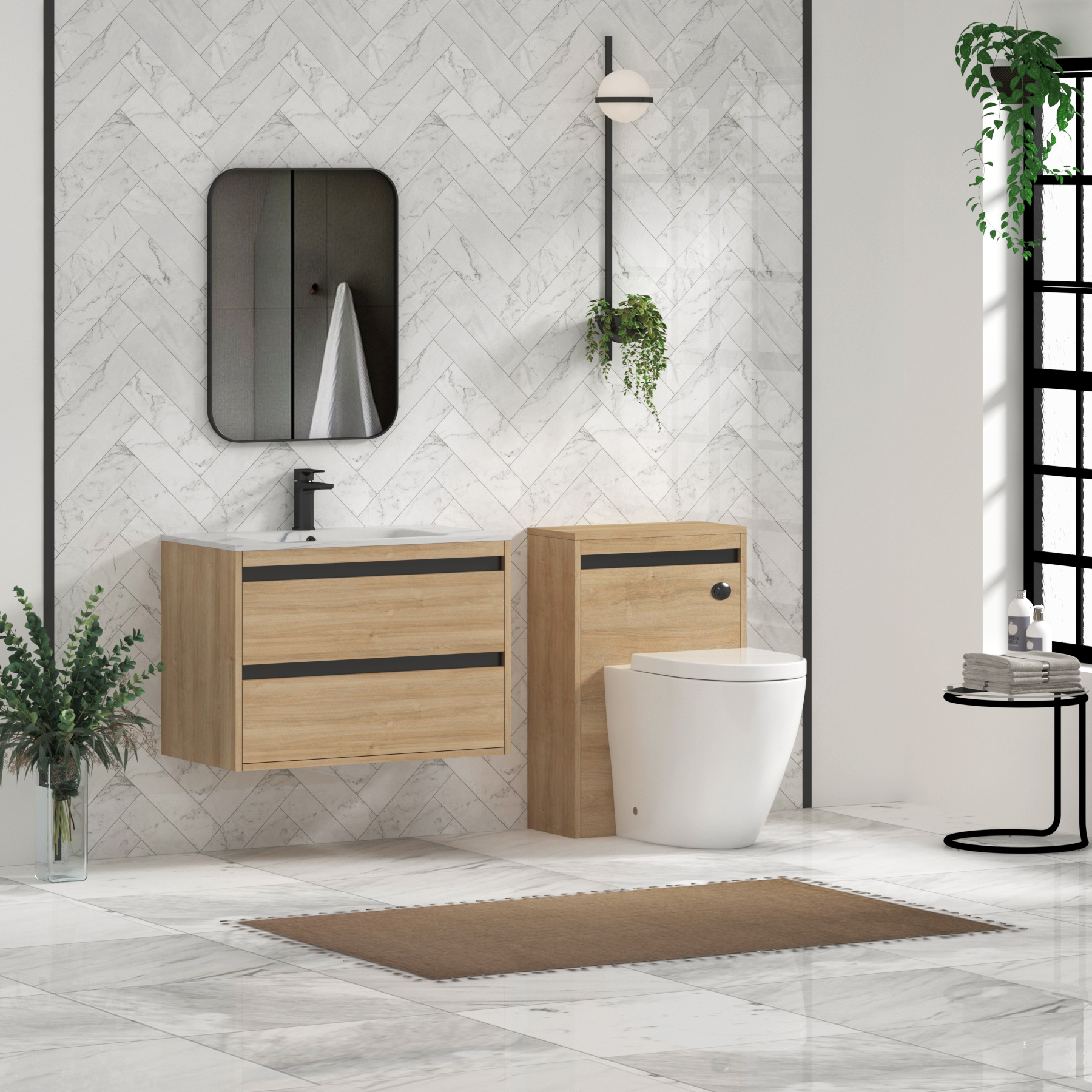 Orion Wall Hung Vanity Unit 2 Drawer Natural Oak with Carrara White Basin