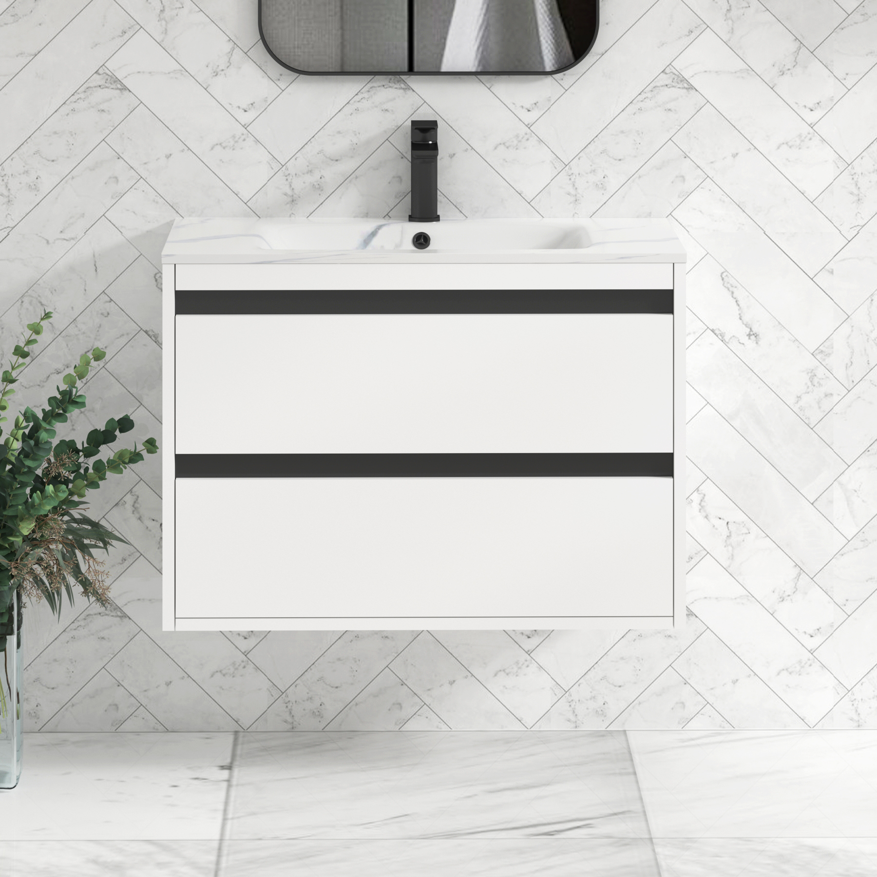 Orion Wall Hung Vanity Unit 2 Drawer Matt White with Carrara White Basin