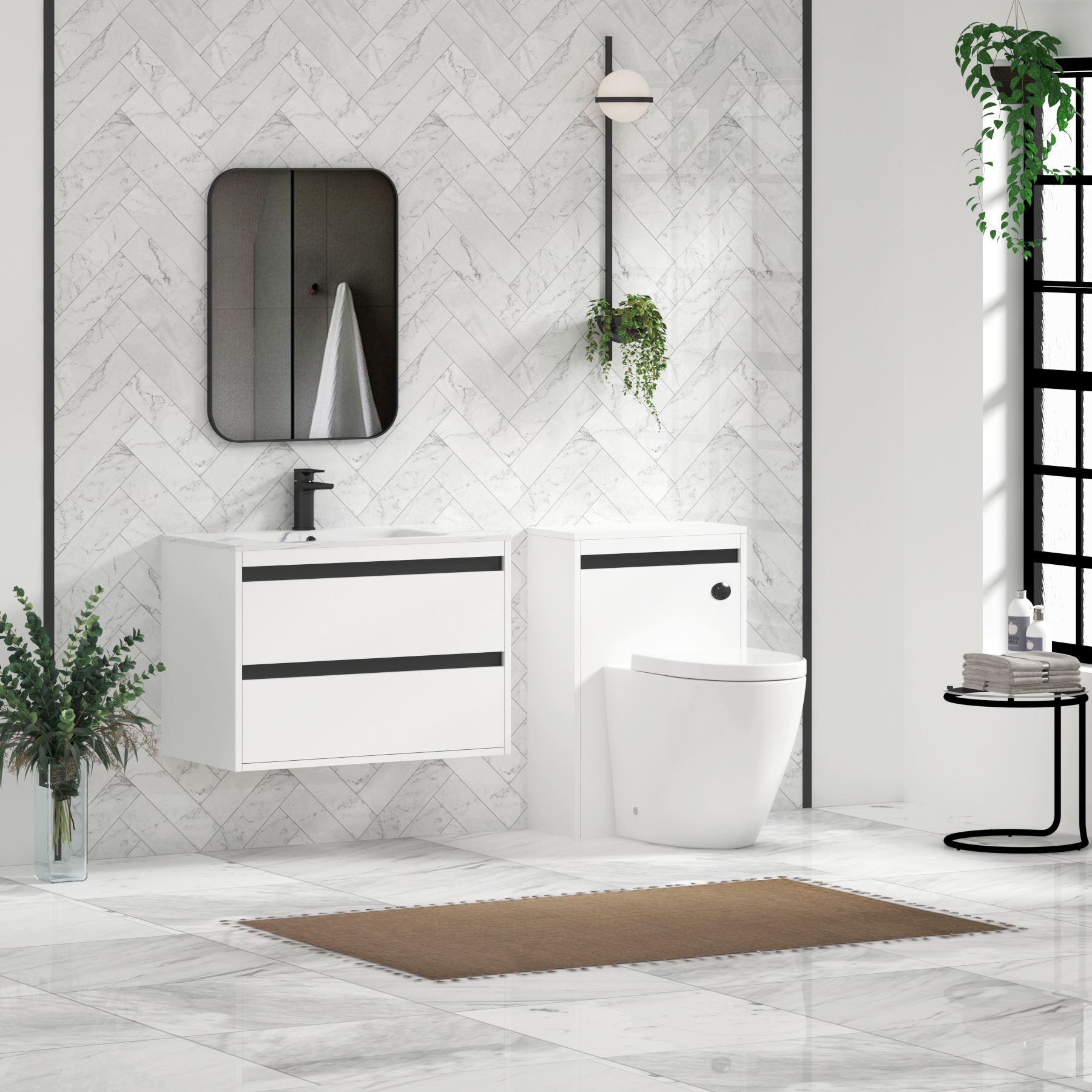 Orion Wall Hung Vanity Unit 2 Drawer Matt White with Carrara White Basin