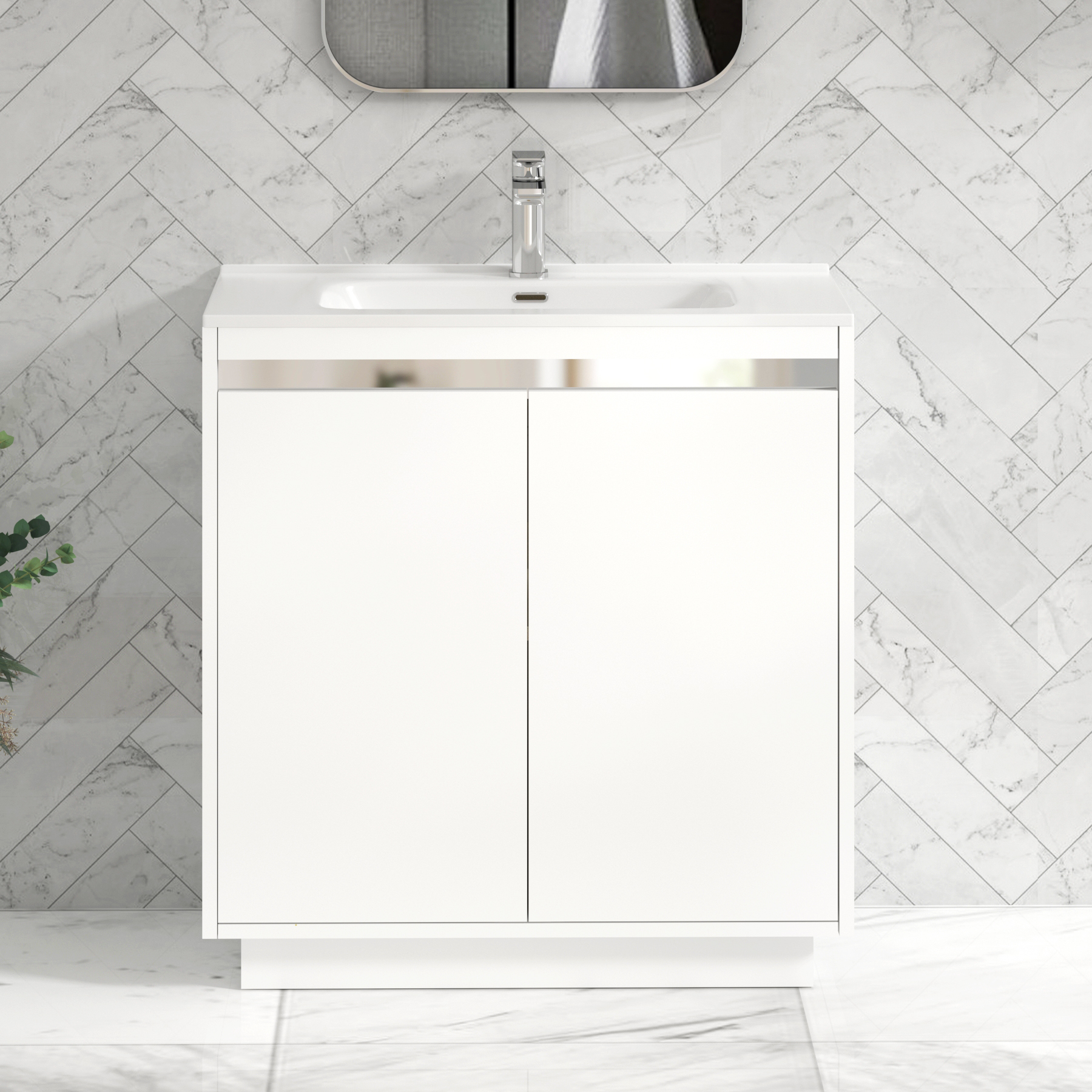 Orion 800mm Matt White 2 Door Floor Standing Vanity Unit with Ceramic Basin & Chrome Accent Trim